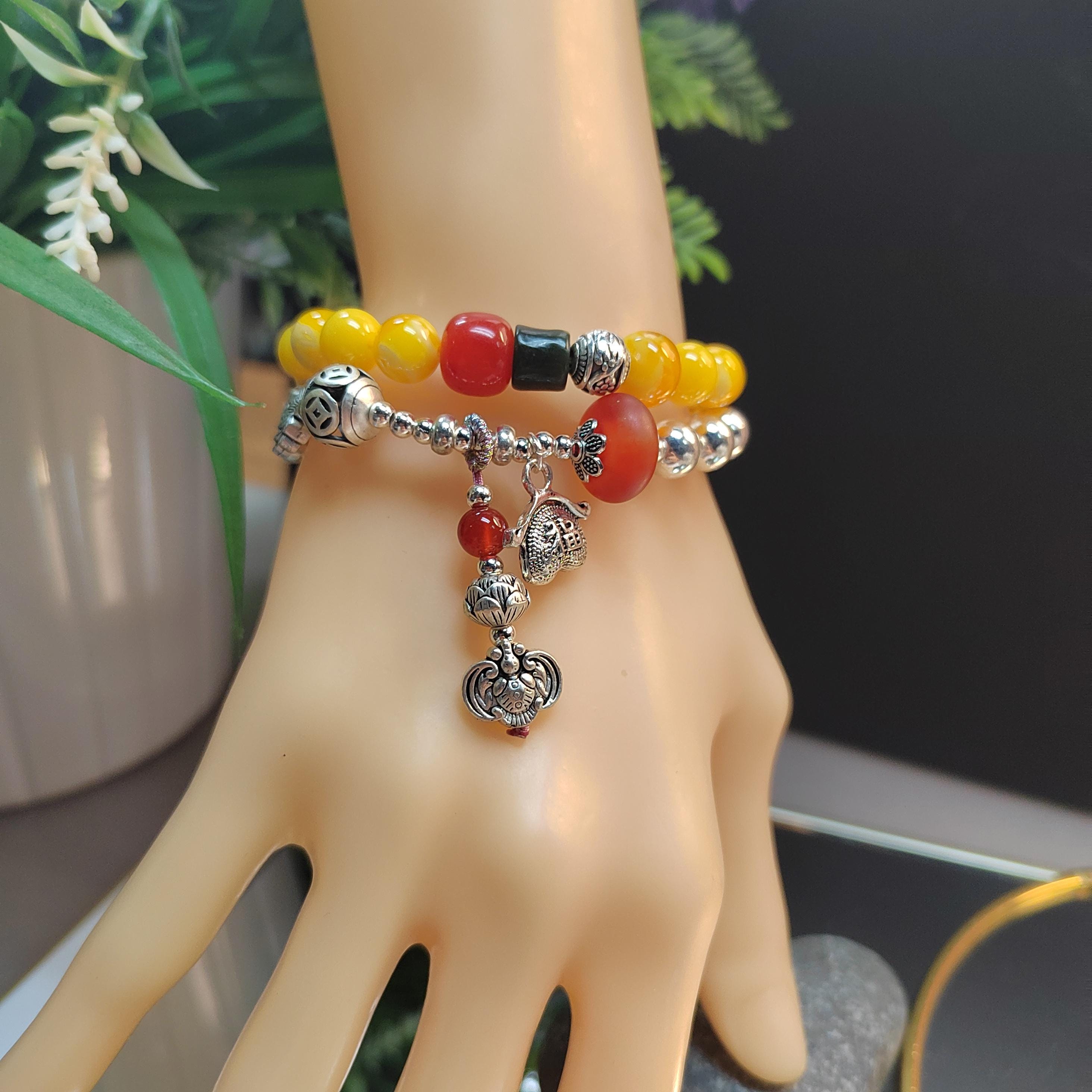 Handmade Russia Baltic Beeswax Amber Bead Bracelet with Nanhong Agate S999 Silver Bead Bracelet 2pcs Set SL344