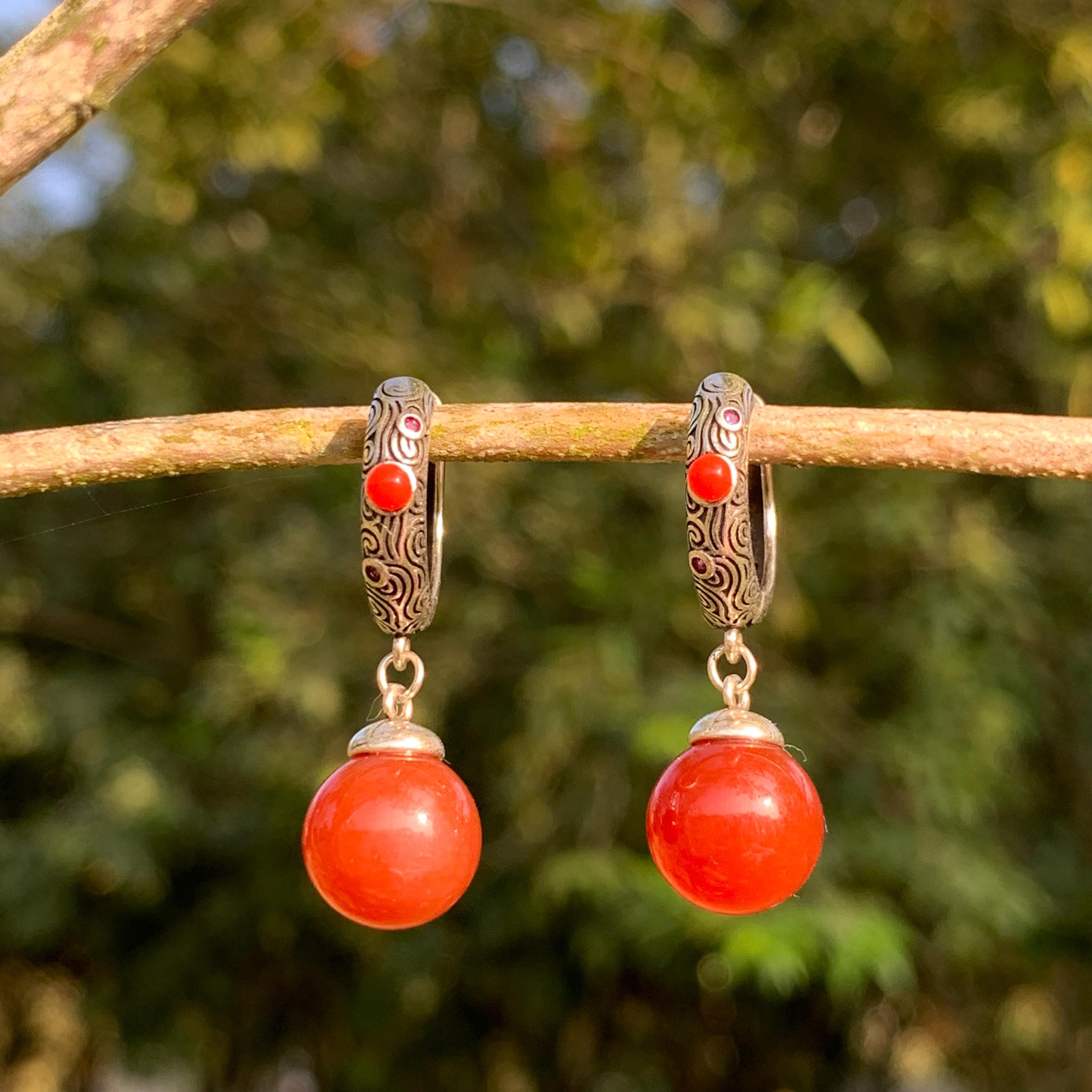 Elegant S925 Silver Design Hoop/Dangle Earrings | Certified A-Grade Natural Baoshan Southern Red Nanhong Agate SL256X15