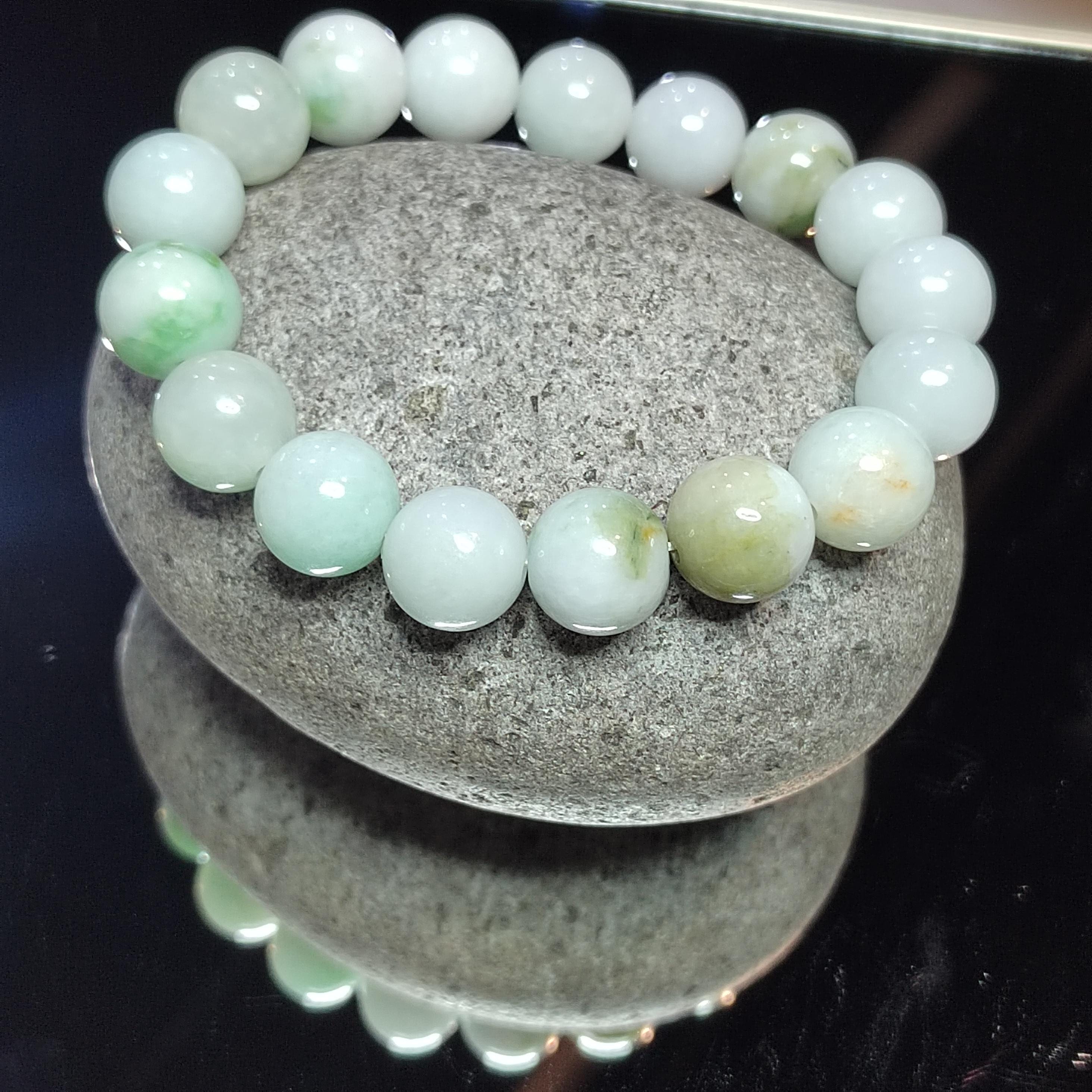 Natural Untreated Burmese Jadeite Bead Bracelet | Icy White, Apple Green, Yellow Mix | Round Beads | SL104 - SL Precious