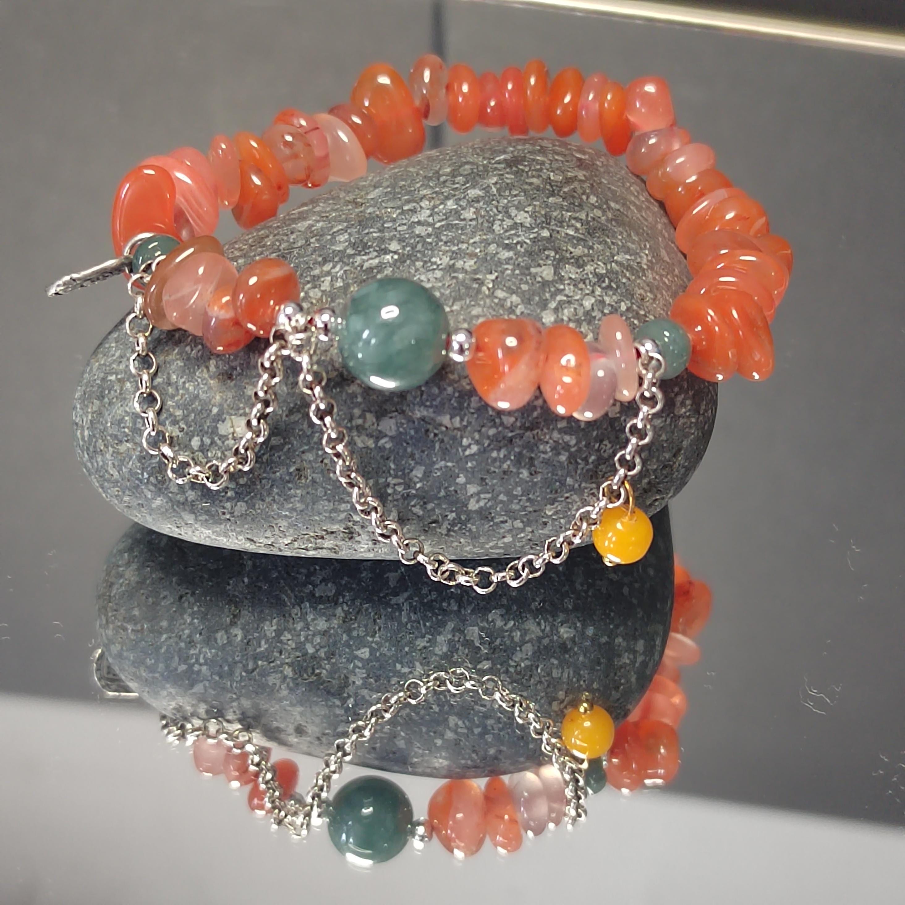 Natural Handmade China Icy Uneven Cut Orange Red Nanhong Agate, Beeswax Amber & Burmese Jadeite Bead Bracelet Jewelry SL326