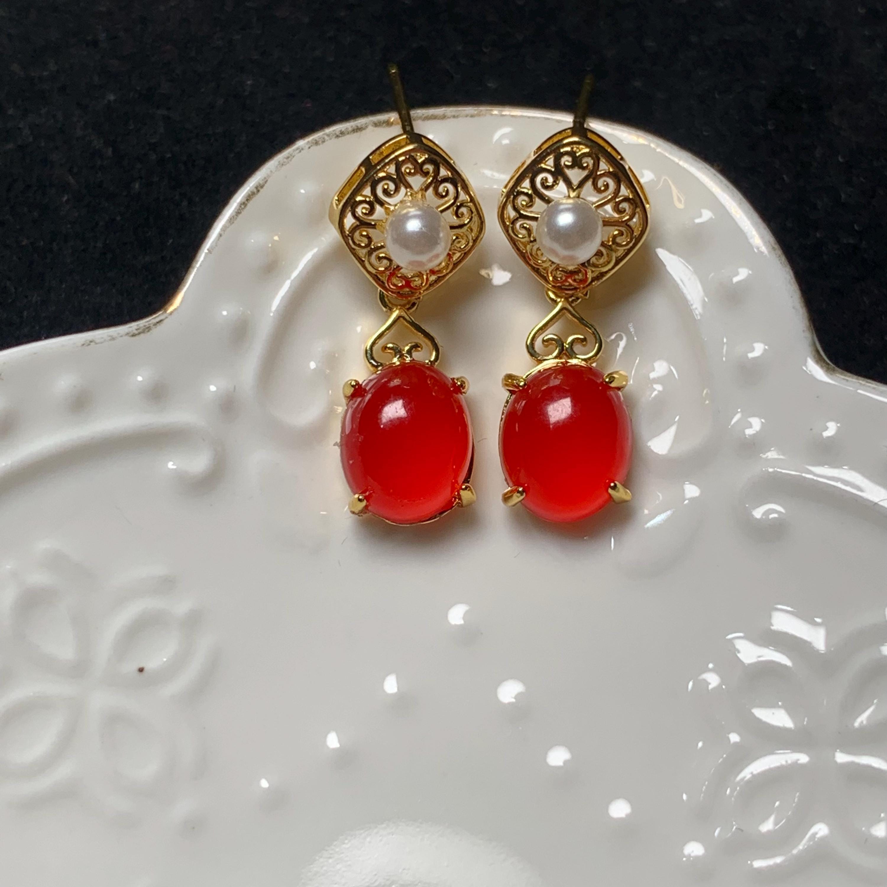 Certified Natural Untreated China Baoshan Southern Red Nanhong Agate S925 Silver Stud Earrings 中国古典风古法掐丝工艺镶嵌淡水珍珠原矿南红冰红耳饰 SL260X19