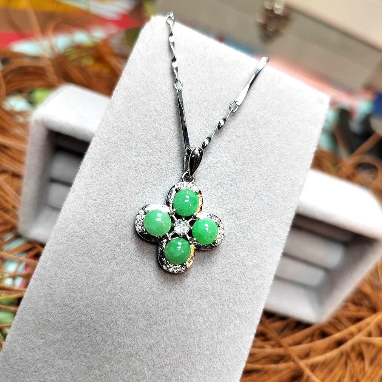 Elegant Burmese Green Jadeite Necklace with Zirconia - Genuine A-Grade Gemstone on 925 Silver Chain SL039 - SL Precious