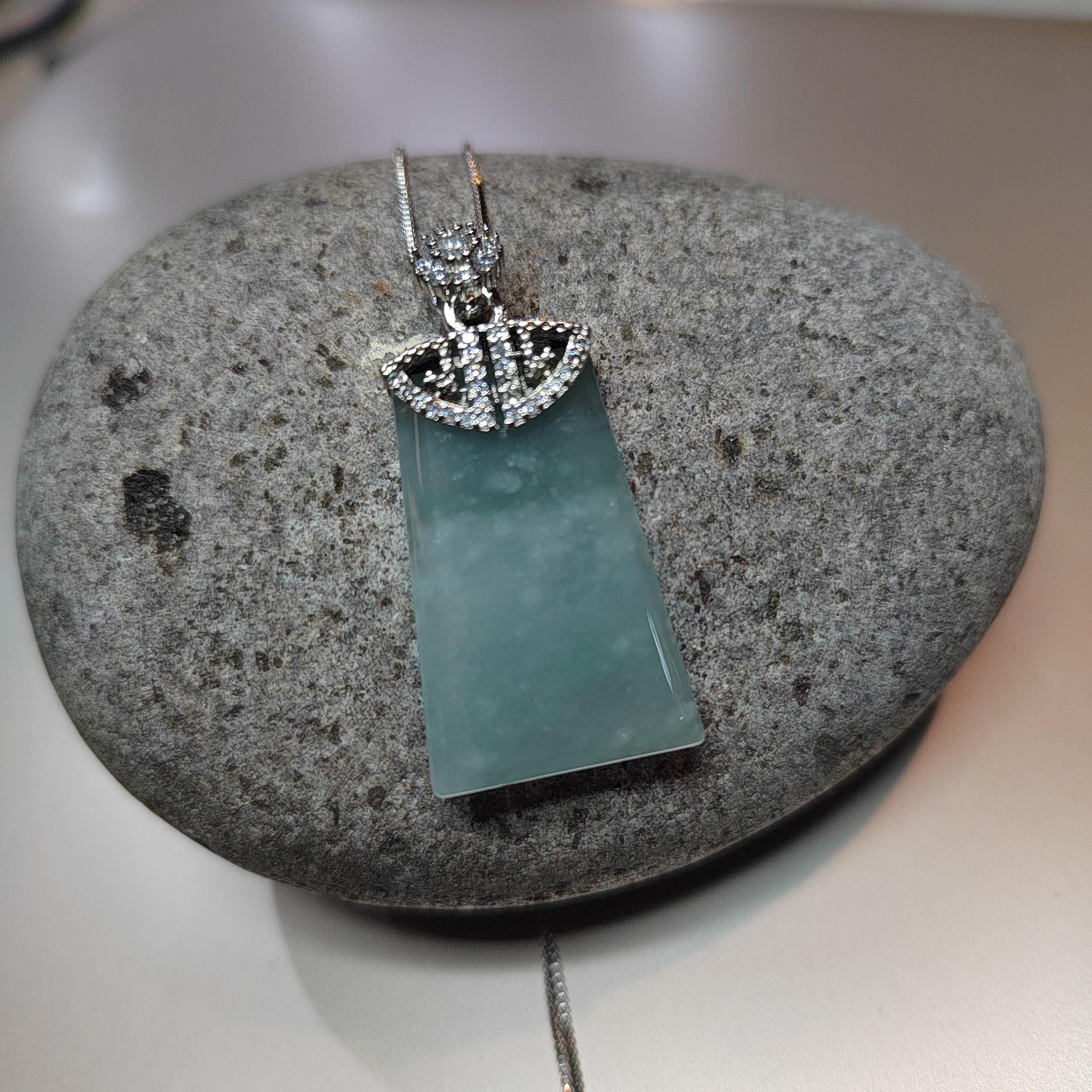 Guatemala Icy White Green Blue Sky Trapezoid Jadeite Pendant | A-Grade Natural | Women & Men | Zirconia Accents SL041 - SL Precious
