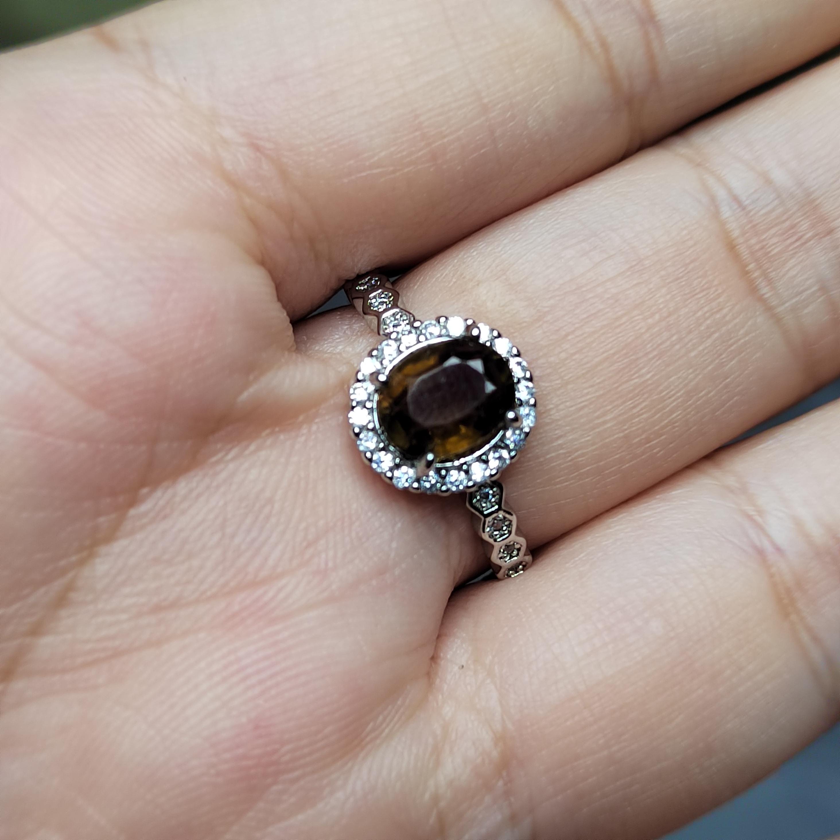 Elegant Burmese Mogok Sapphire Ring Natural Fancy Dark Orange-Brown Oval Cut Sapphire in 925 Sterling Silver with Halo Zircon Accents SL116