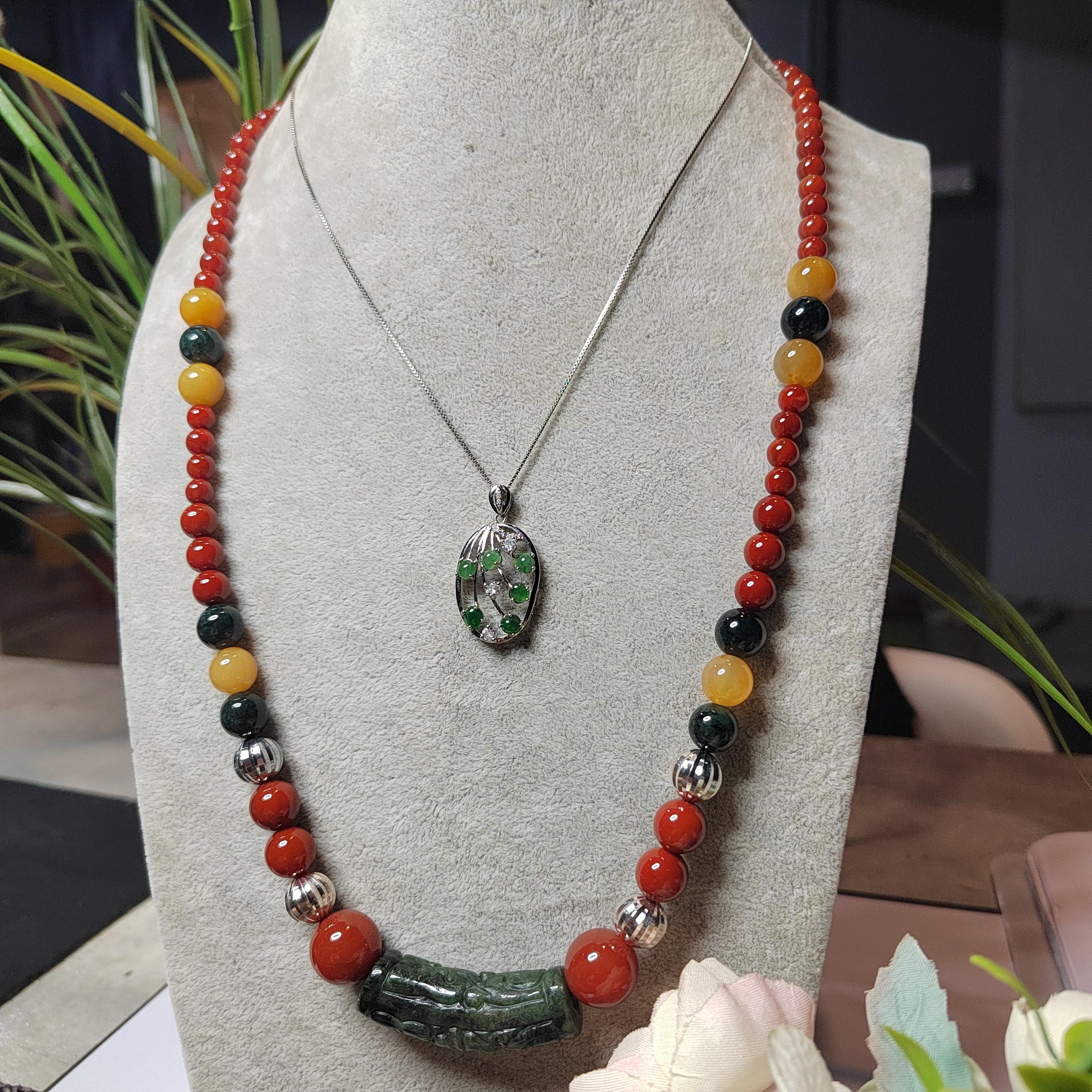 Handmade 65 cm Gemstone Necklace Huanglong Jade Waxi Nanhong Agate Baoshan Nanhong Burmese Black Ink Jadeite Hand-Carved Jade Tube SL471