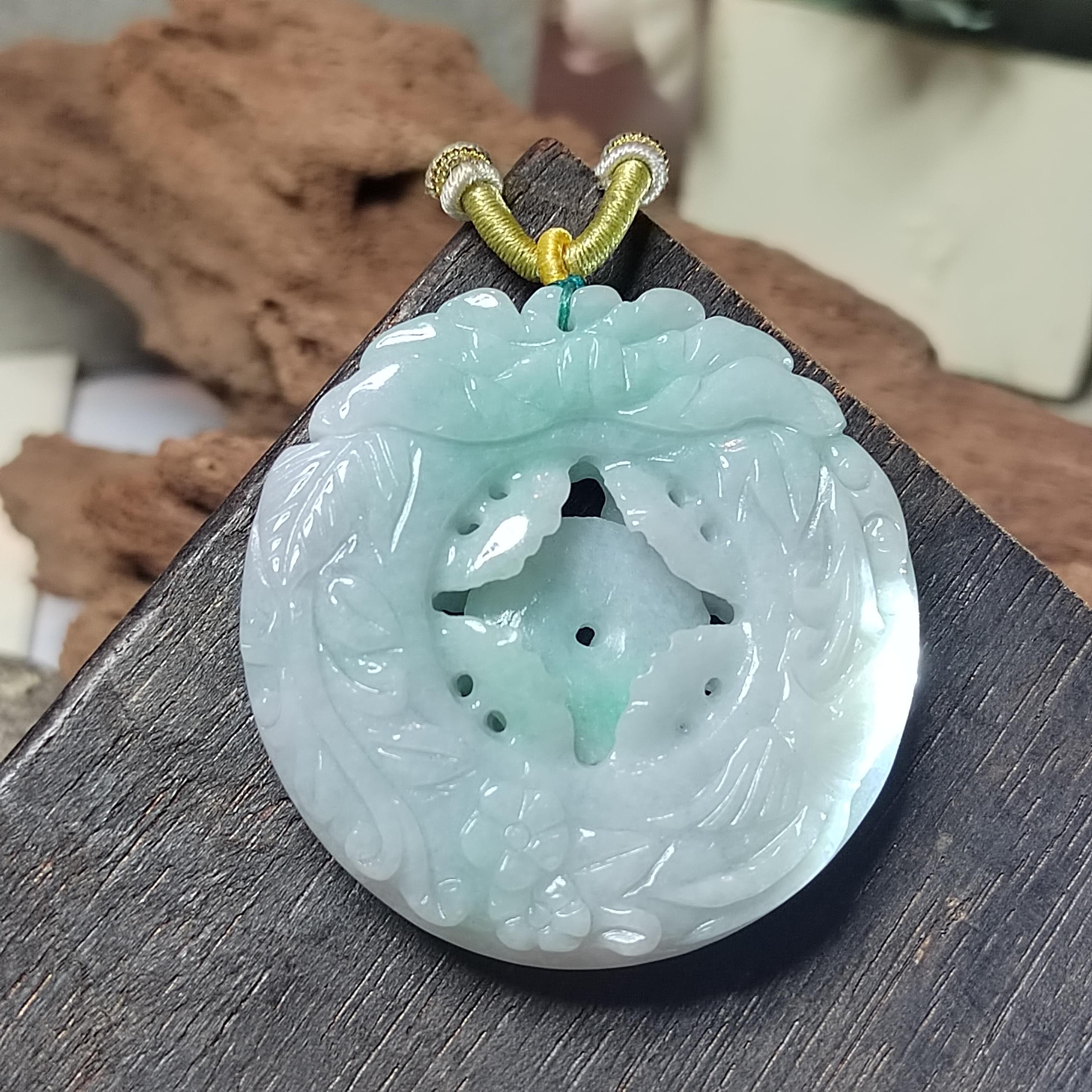 Certified Natural Burmese Jadeite Floral Bird Harmony Pendant Type A Untreated Movable 平方扣 Museum Grade Hand Carved SL458