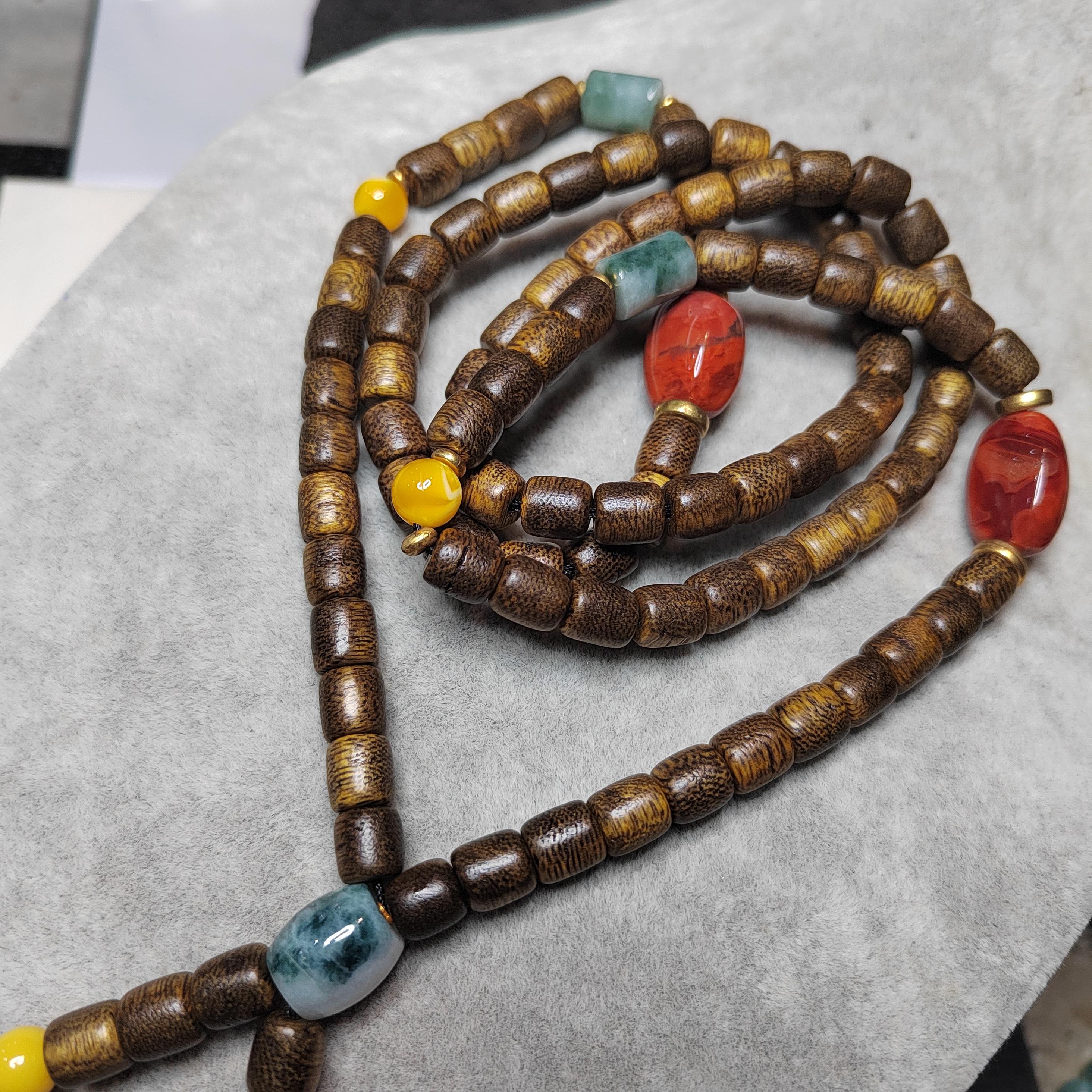 Handmade 94 cm Mala Necklace Waxi Nanhong Iron Skin Agate Burmese Jadeite Beeswax Amber Cultivated Brunei Golden-Thread Agarwood SL470