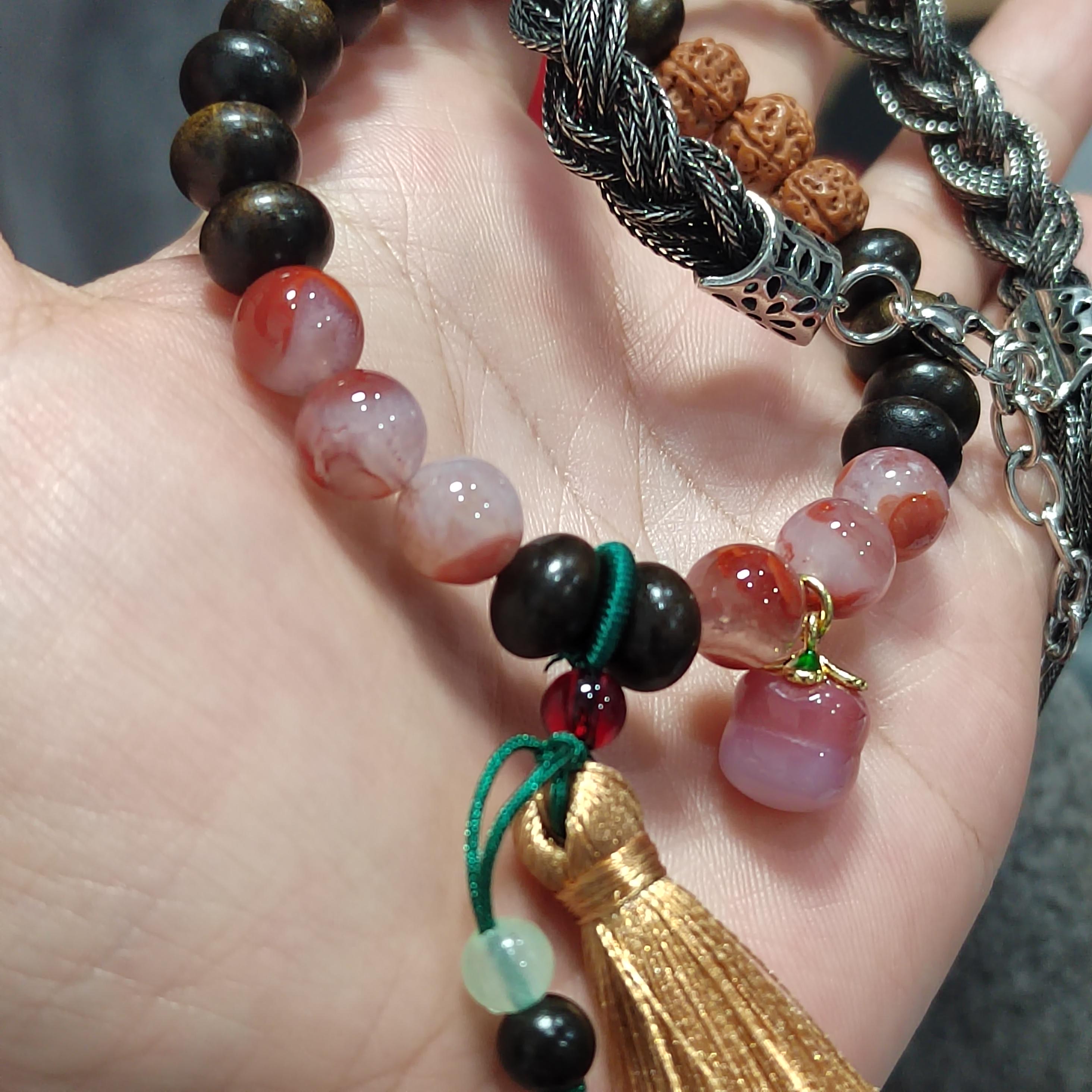 Certified Natural South Red Agate & Ebony Wood Twin Bracelet Set | Bodhi Seed Accents | 沉贵宝| 999 Silver Filled Vermeil SL392
