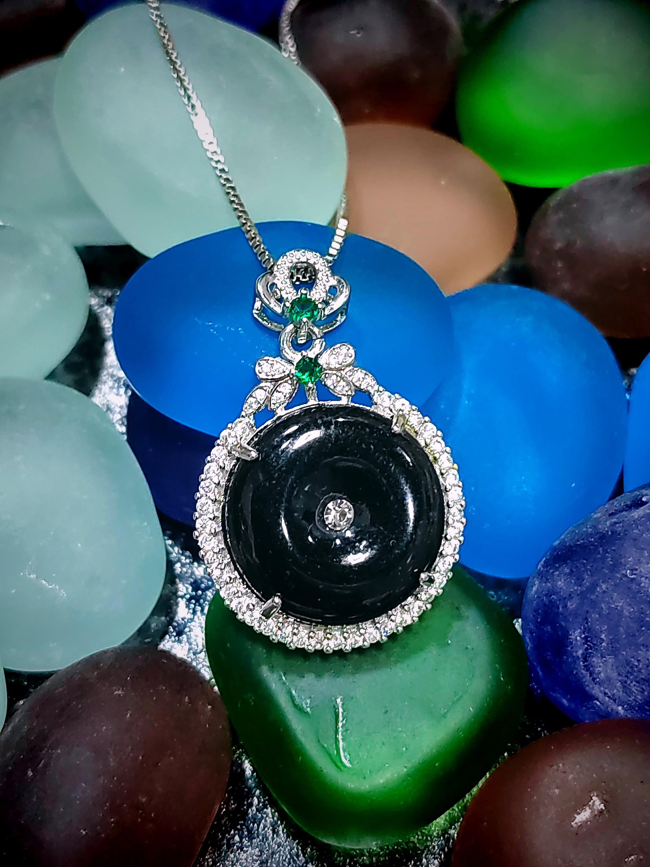 Certified A-Grade Necklace Natural Gemstone Untreated Black Ink Donut Shape Jadeite Zirconia Accents on 18K White Gold For Her Gifts SL059 - SL Precious