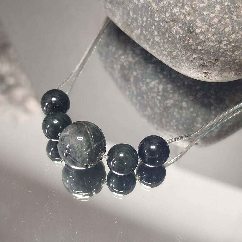 Natural Burmese Black Ink Wuji Jadeite Necklace | Minimalist Design | S9999  Silver Filled Vermeil Adjustable Chain | SL332