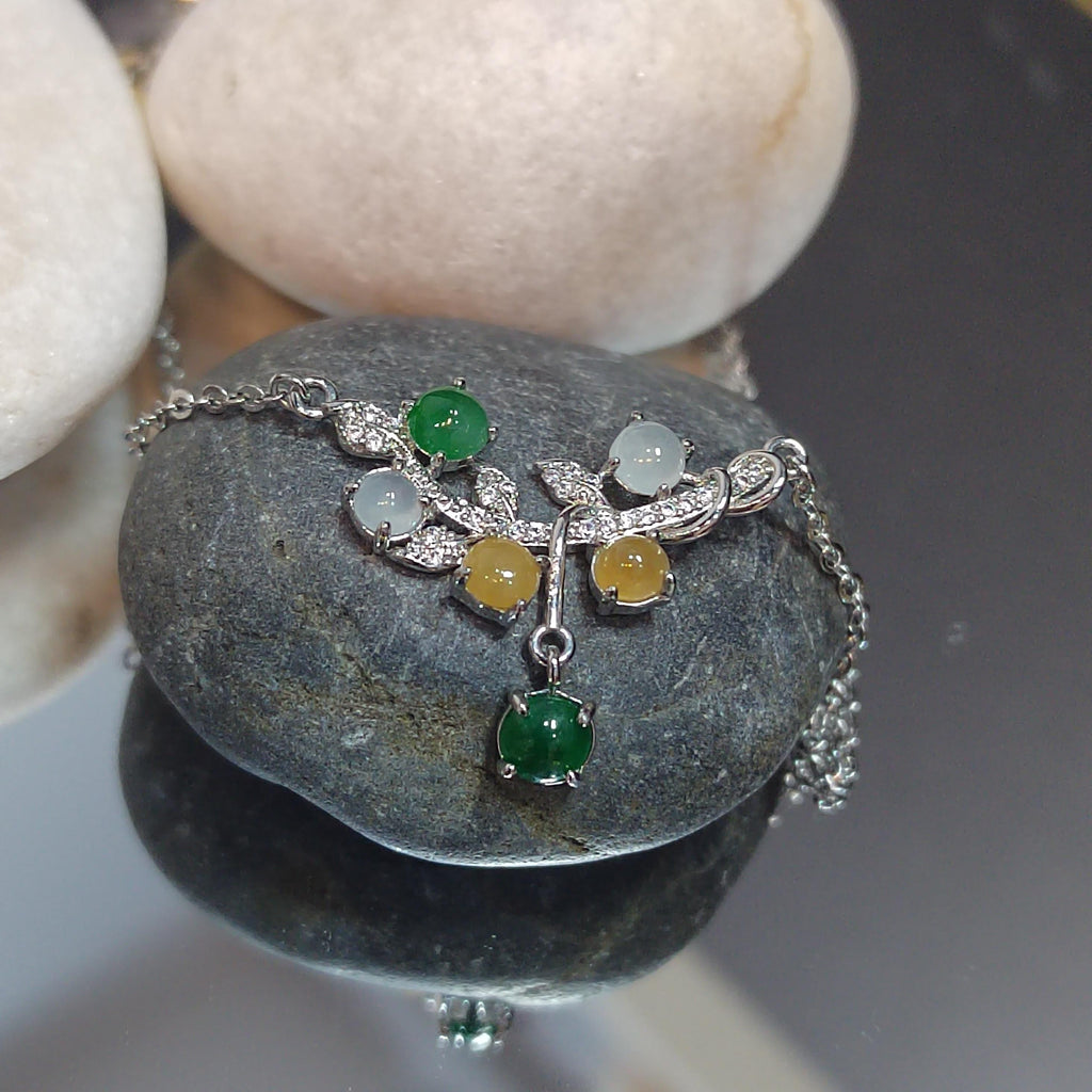 3 Colors Women Burmese Icy White, Yellow, Imperial Green Jadeite Necklace with Zircon Accent 925 Silver Plated with 18K White Gold SL082