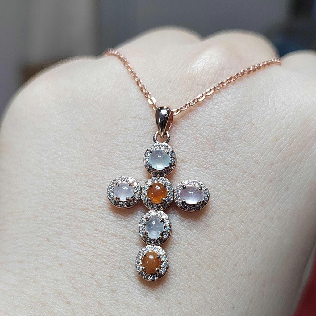 Natural Burmese Red/White Icy A Grade Jadeite Cross 925 Silver 18k Rose/White Gold Plated Zirconia Christian Cross Jewelry Set SL057 - SL Precious