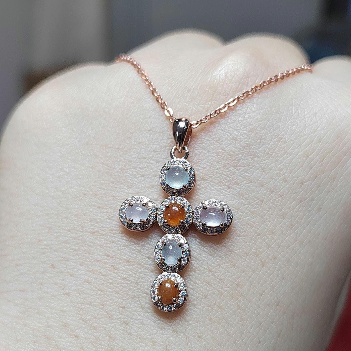 Natural Burmese Red/White Icy A Grade Jadeite Cross 925 Silver 18k Rose/White Gold Plated Zirconia Christian Cross Jewelry Set SL057 - SL Precious