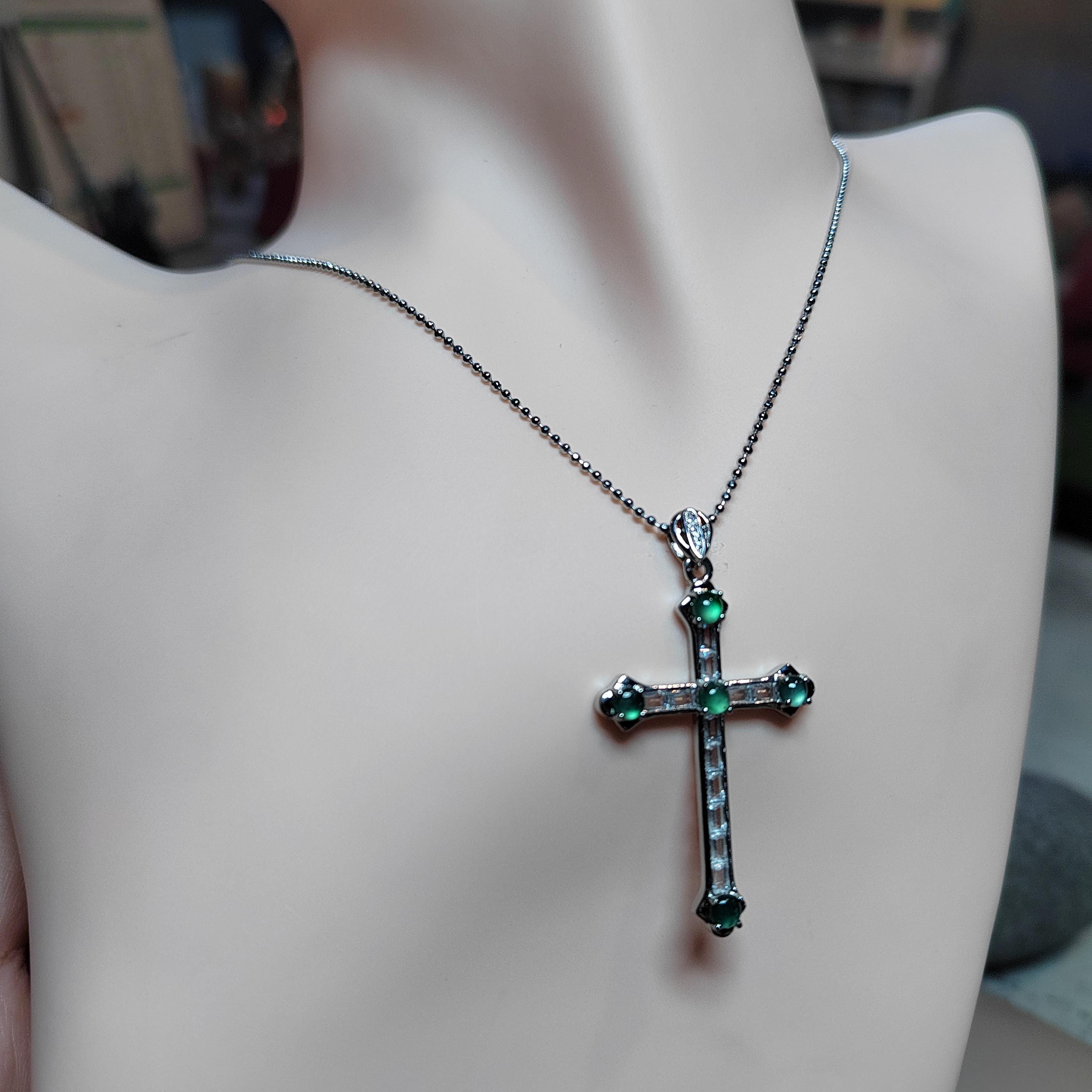 Certified Untreated A-Grade Burmese Icy Light Bulbs Natural Untreated Green Jadeite Cross Necklace | Christian Gift SL051 - SL Precious