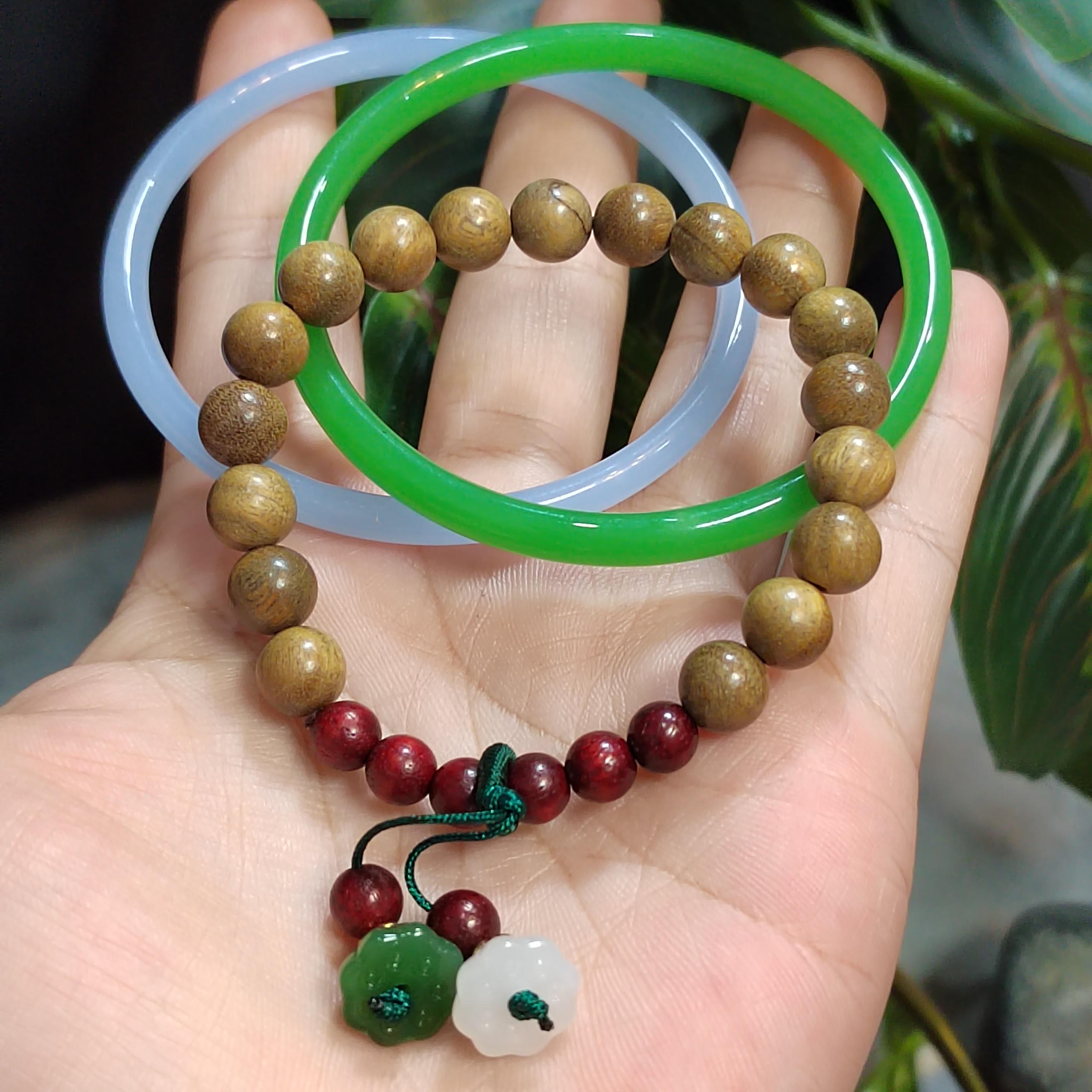 Agate Bangle Bracelet Set: Purple & Green Agate, Sandalwood Beads SL0450C