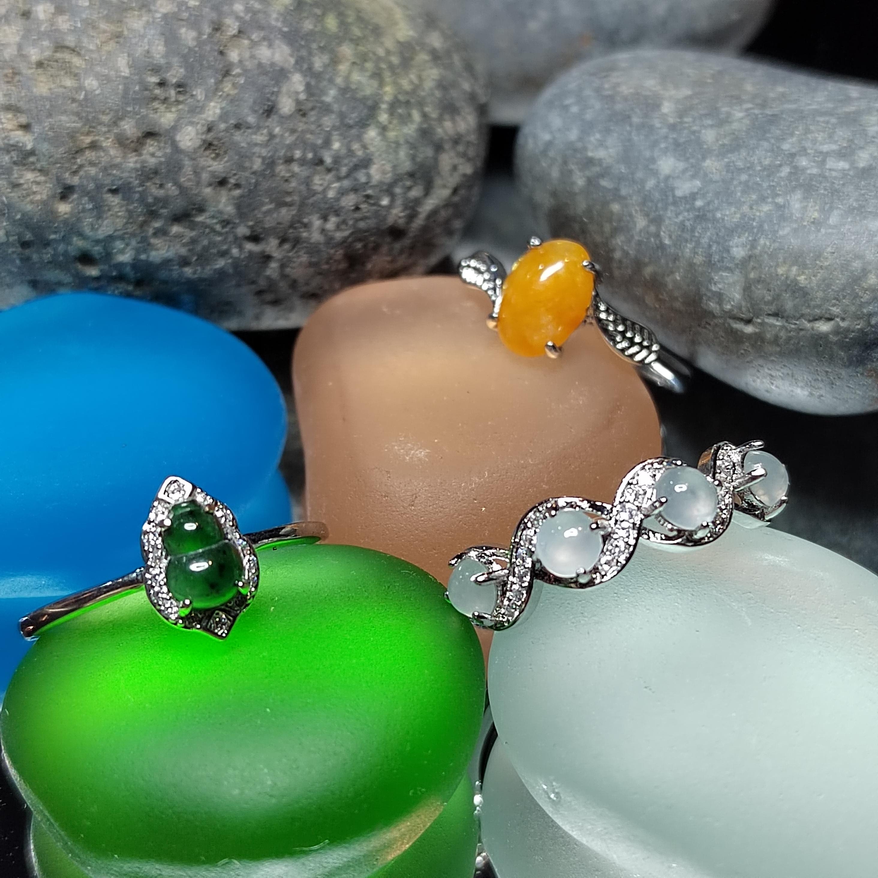 3pcs Natural Untreated Burmese Jadeite Ring Set | Imperial Green, Honey Yellow, Icy White | S925 Silver | No Cert | SL406