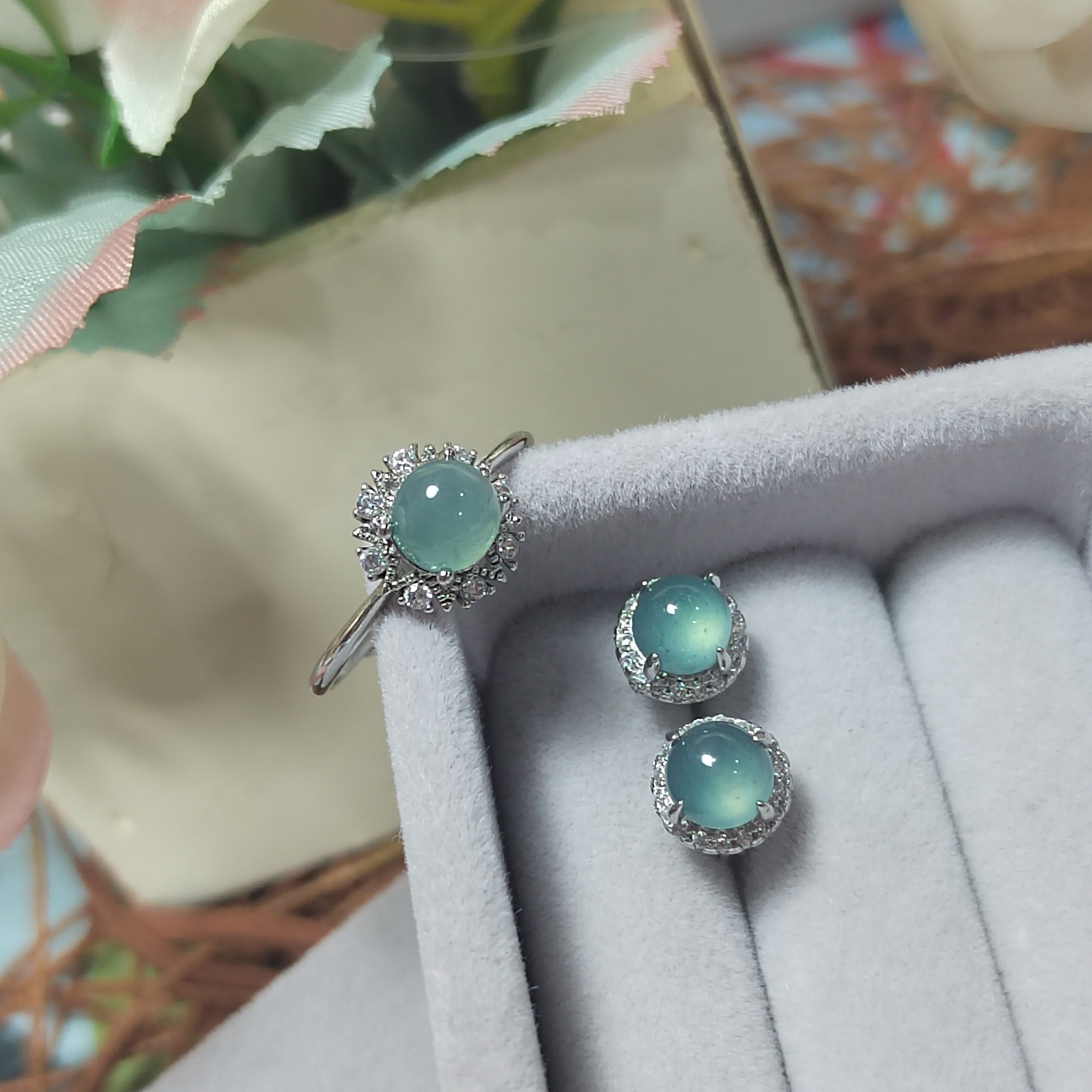 Round Ocean Blue 2pcs Set Earring & Ring Light Bump A Grade Natural Gemstone  Guatemala Jadeite For Her Minimalist SL075 - SL Precious