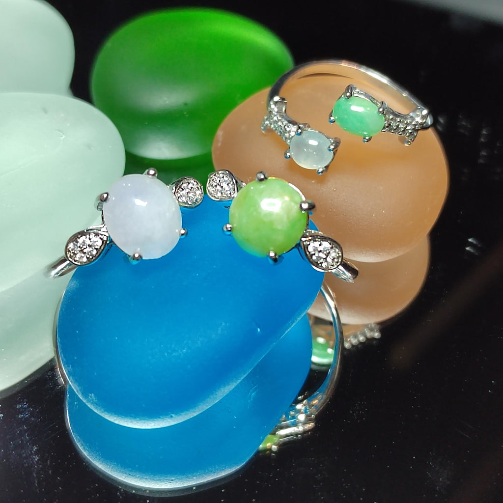 Burmese Jadeite Ring Set: Sterling Silver, Zircon Accents SL411
