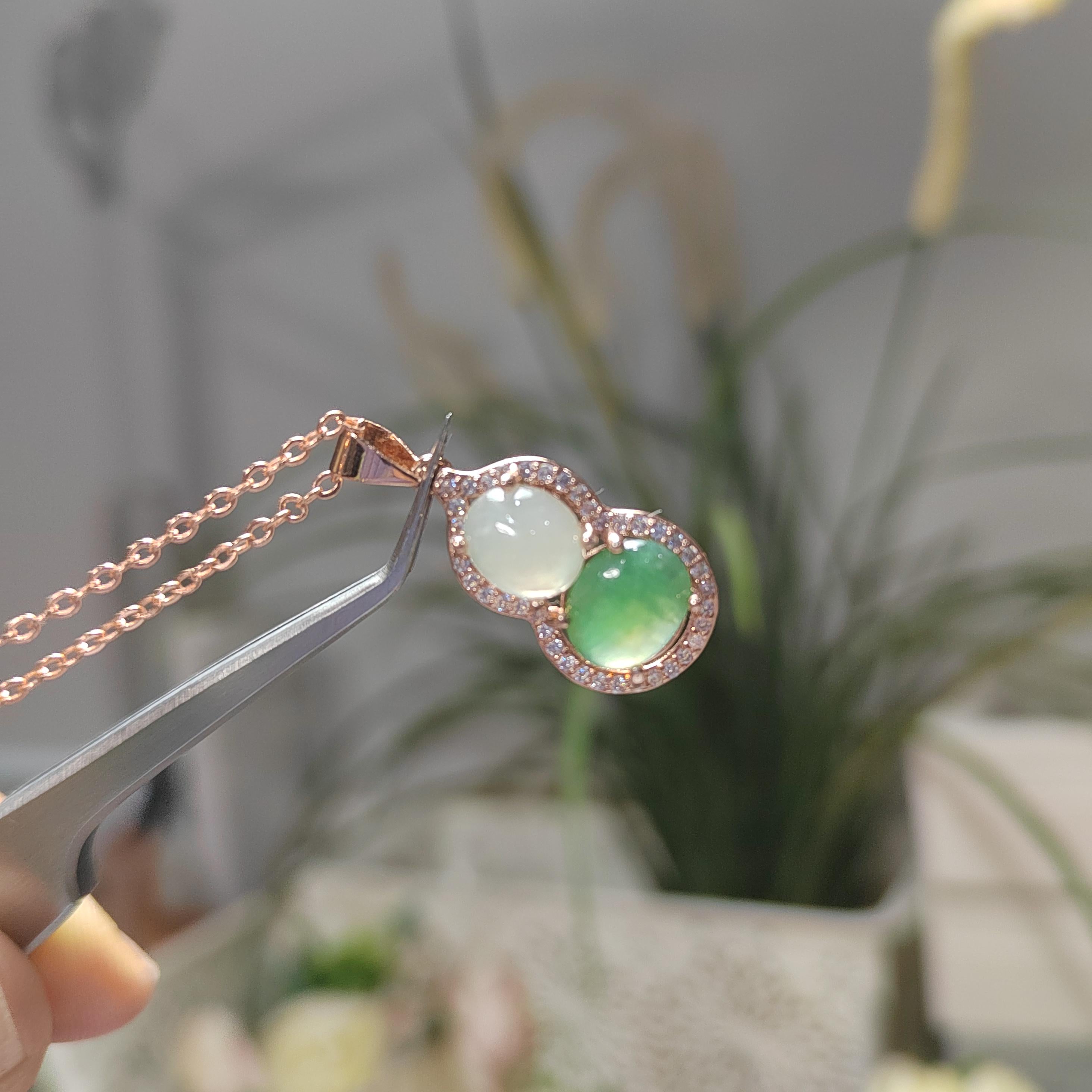 Exquisite Burmese Jadeite Pendant - Elegant White & Green Palette with Zirconia Accents SL093