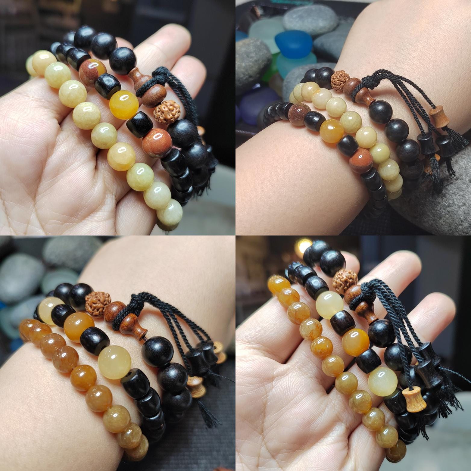 Burmese Yellow Jadeite Bracelet Set: HuangLong Jade & Ebony Wood SL423