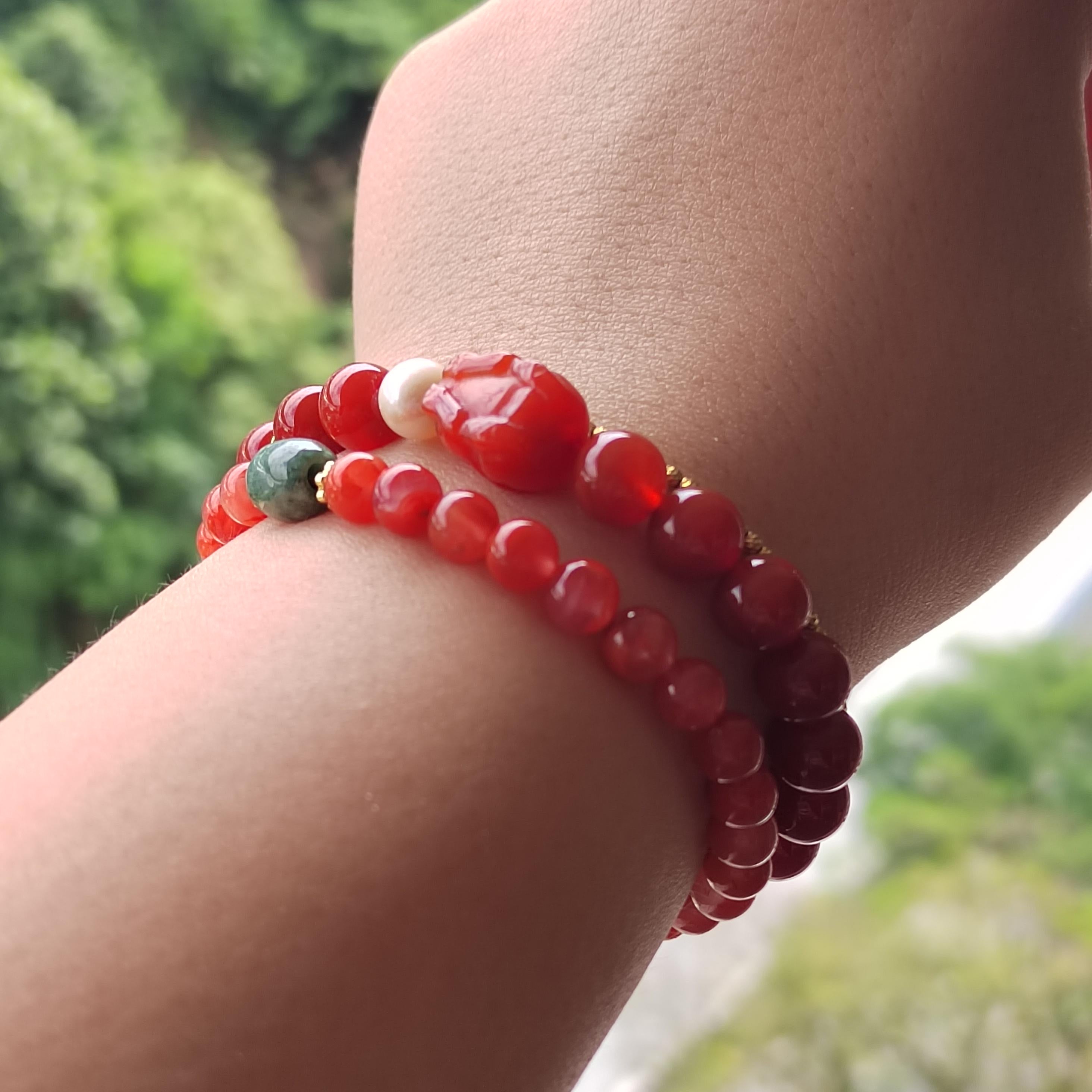 Certified Natural Untreated China Baoshan Southern Red Oily Nanhong Agate Brave Troops Bead, Fresh Water Pearl l, S925 Leaf Bracelet SL281
