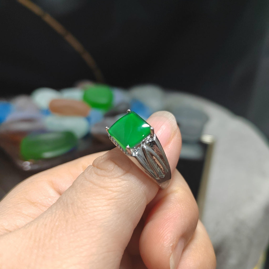 Certified Natural Untreated Burmese Icy Clean Imperial Vivid Green Men Jadeite Ring S925 Sterling Silver SL371