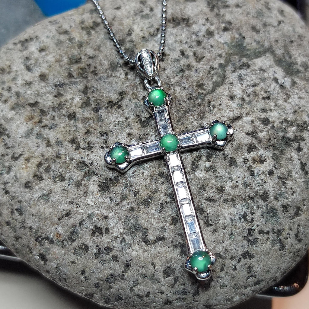 Certified Untreated A-Grade Burmese Icy Light Bulbs Natural Untreated Green Jadeite Cross Necklace | Christian Gift SL051 - SL Precious