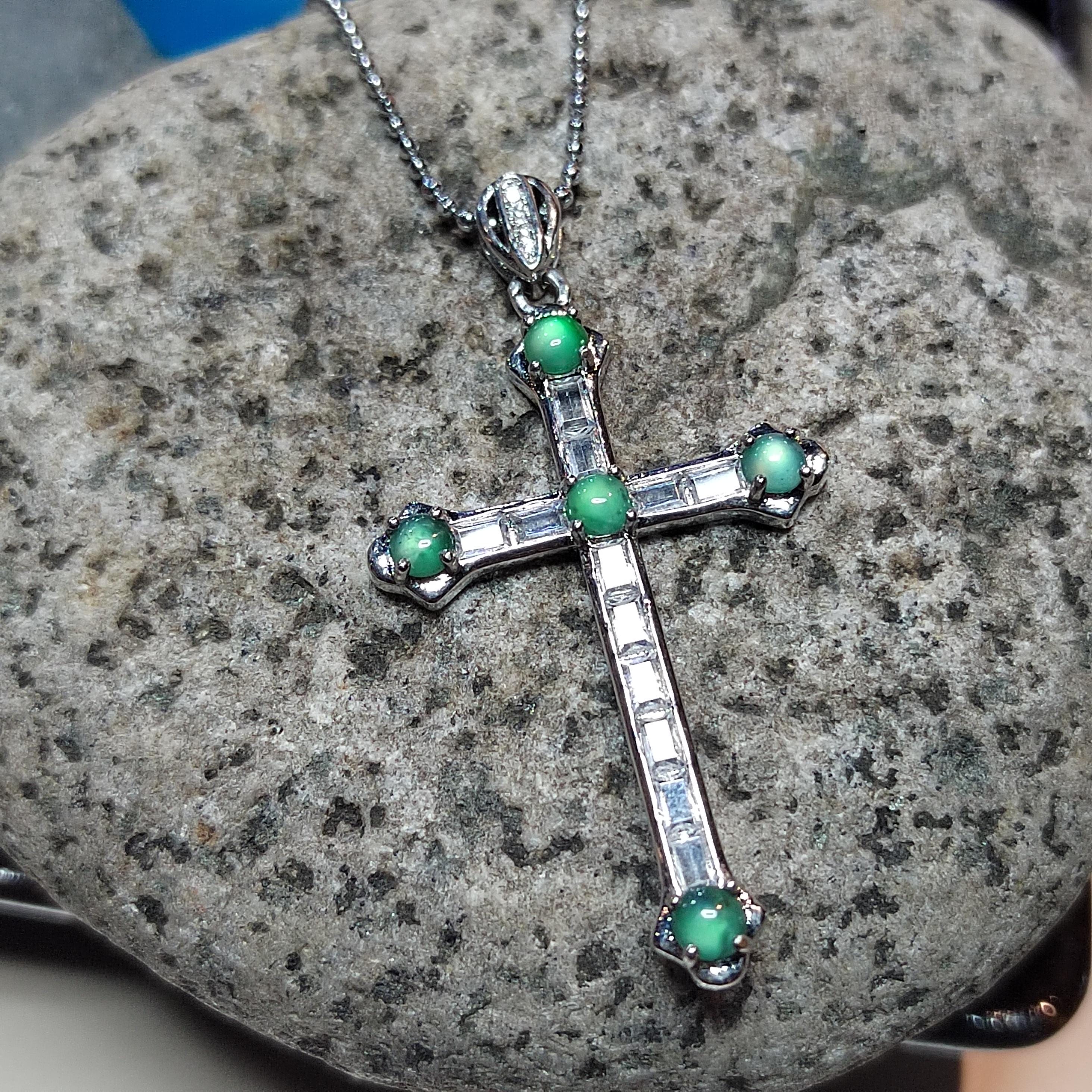 Certified Untreated A-Grade Burmese Icy Light Bulbs Natural Untreated Green Jadeite Cross Necklace | Christian Gift SL051 - SL Precious
