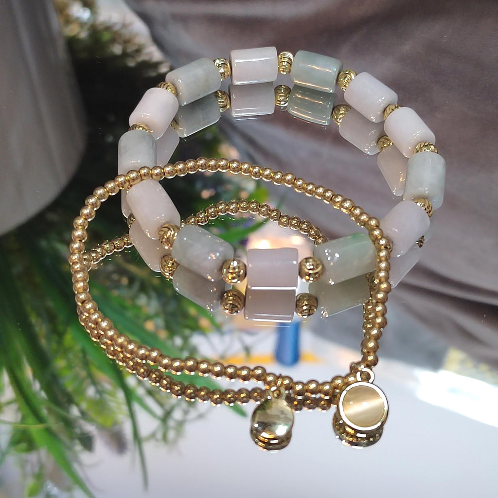 Burmese Natural Untreated Cylinder Beads Jadeite With Gold Plated Bead Bracelet Double Layer Fashion SL161