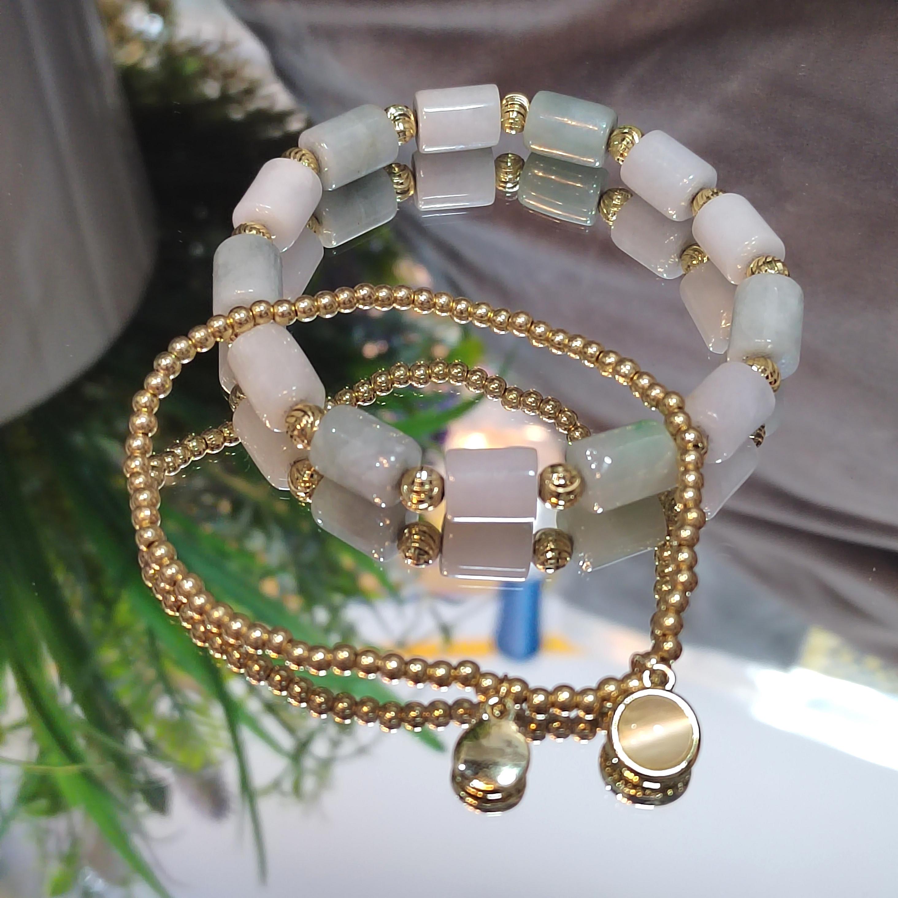 Burmese Natural Untreated Cylinder Beads Jadeite With Gold Plated Bead Bracelet Double Layer Fashion SL161