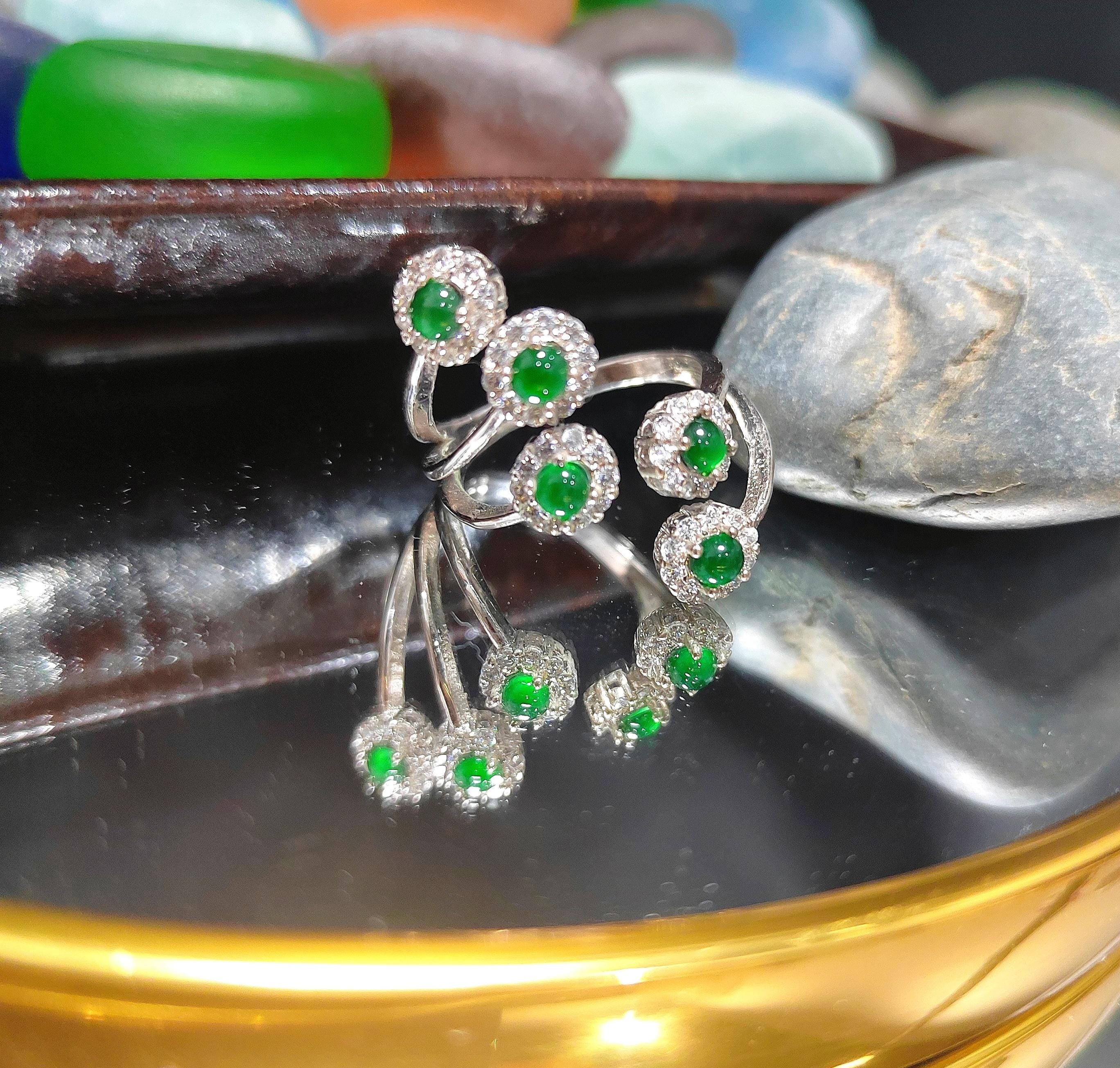 Certified Natural Untreated Guatemala Imperial Green 5pcs Flower Adjustable Design Zircon Set S925 Sterling Silver Jadeite Ring SL372