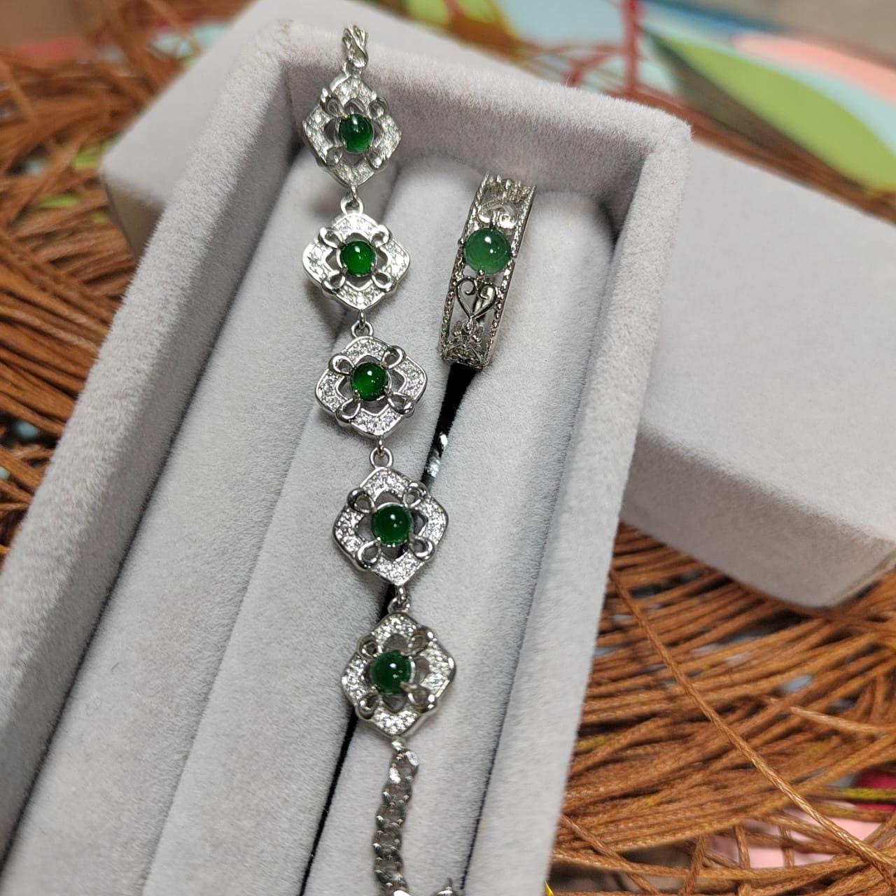 Woodland Dark Green Natural Guatemala Jadeite  Zirconia Silver Ring & Bracelet Set SL034