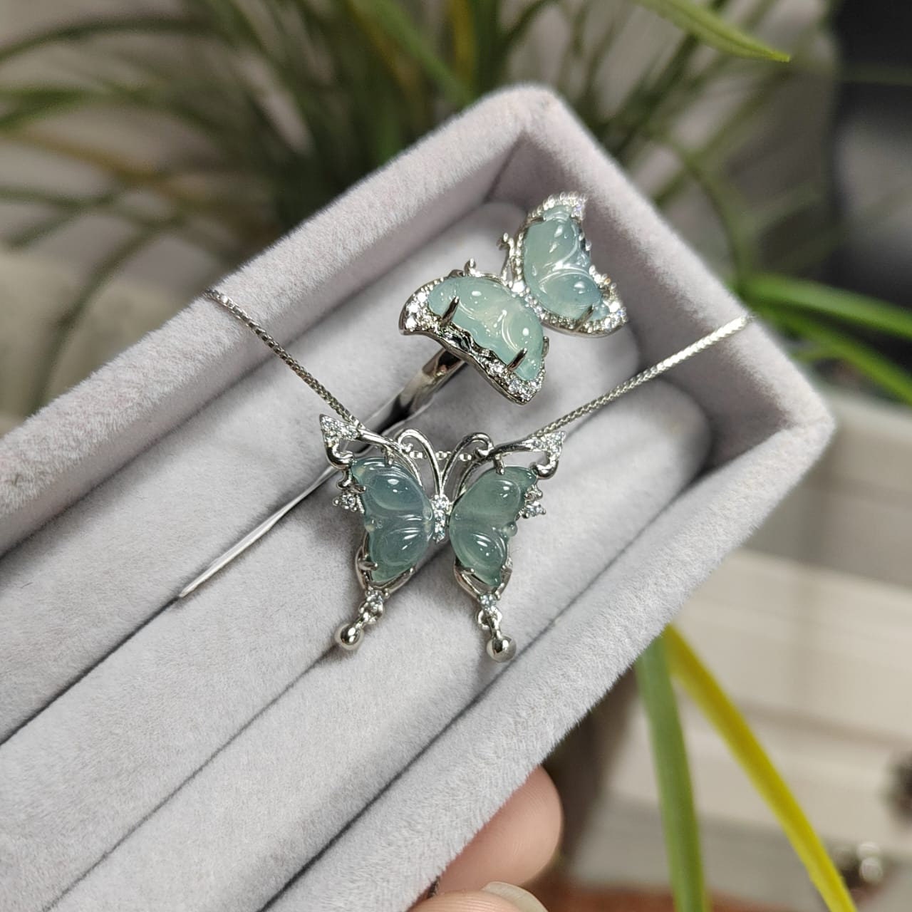 Natural Untreated Guatemala A-Grade Ring & Necklace Set Guatemala Natural Icy Ocean Blue Jadeite "Butterfly" Pendant on 18k White Gold Plate - SL Precious