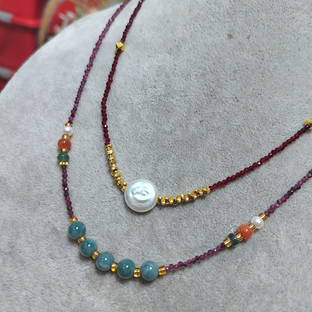 Natural Double Layer Choker Necklace | Purple Garnet, Burmese Ocean Blue Green Jadeite,Baroque Freshwater Pearls, Sri Lanka Red Spinel SL296