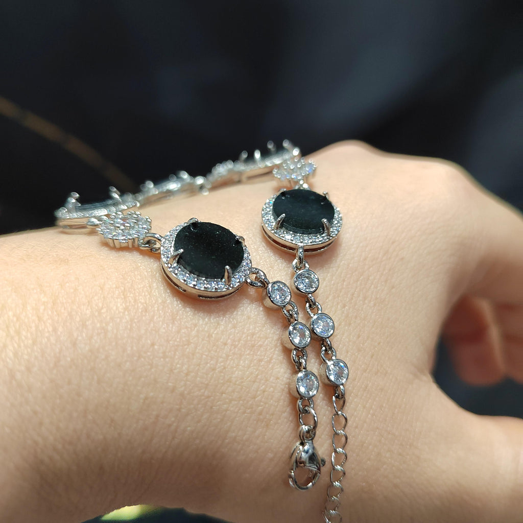 Certified Unique Natural Untreated Burmese Black Ink Jadeite Bracelet Full with Zircon Stone Set SL373