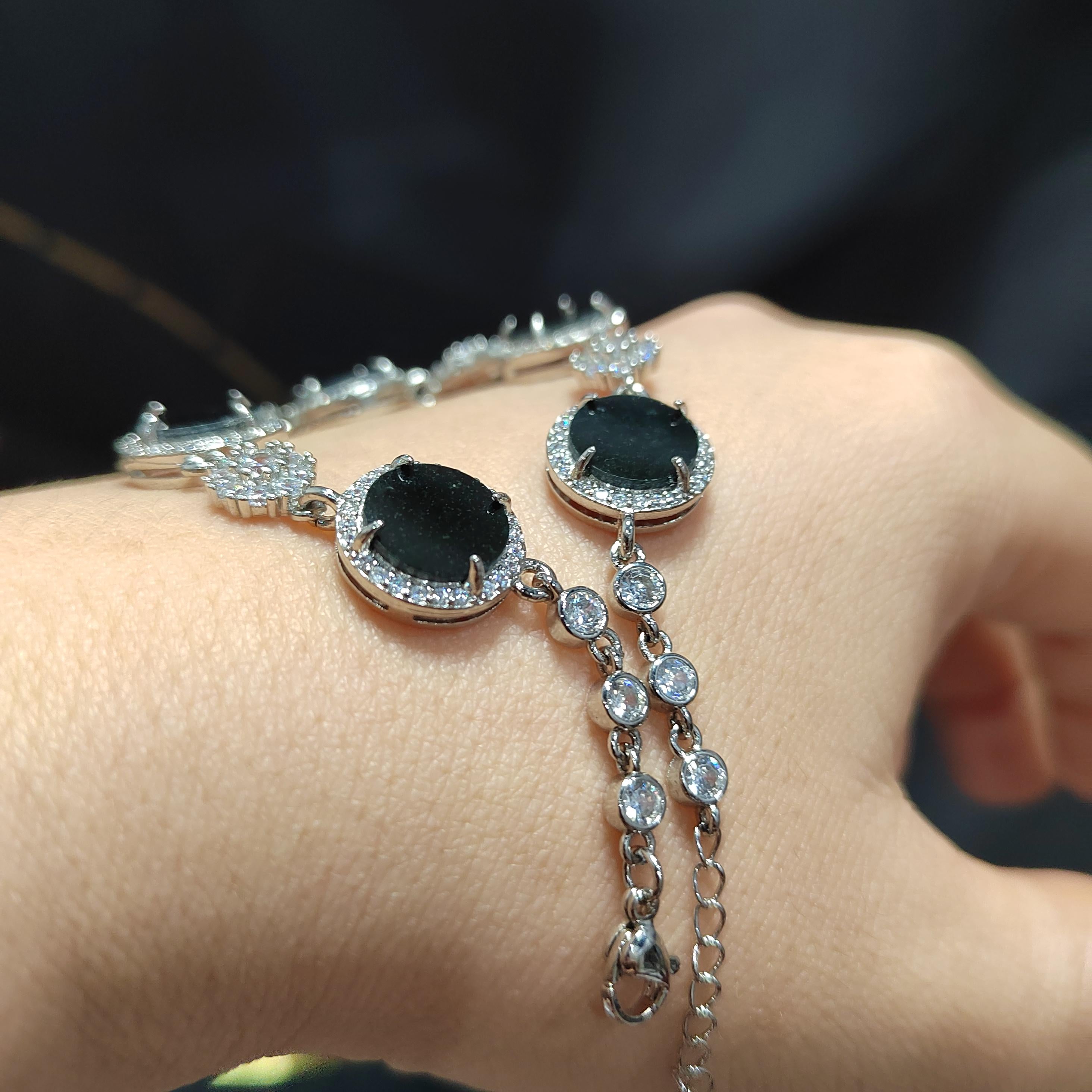 Certified Unique Natural Untreated Burmese Black Ink Jadeite Bracelet Full with Zircon Stone Set SL373