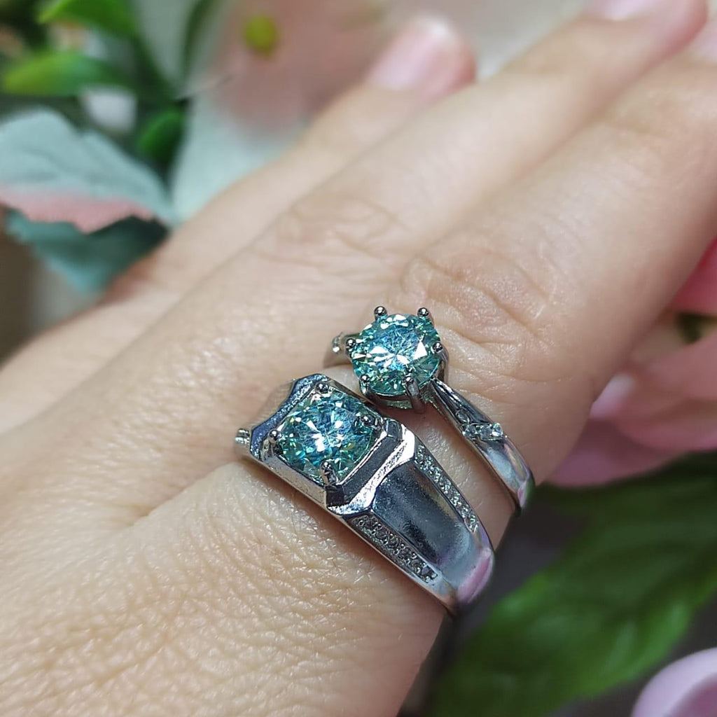 Light Blue Moissanite Couple Rings with Zircon Accents Set 925 Silver Plated with 18K White Gold Wedding-Engagement - Birthday Gifts SL090 - SL Precious