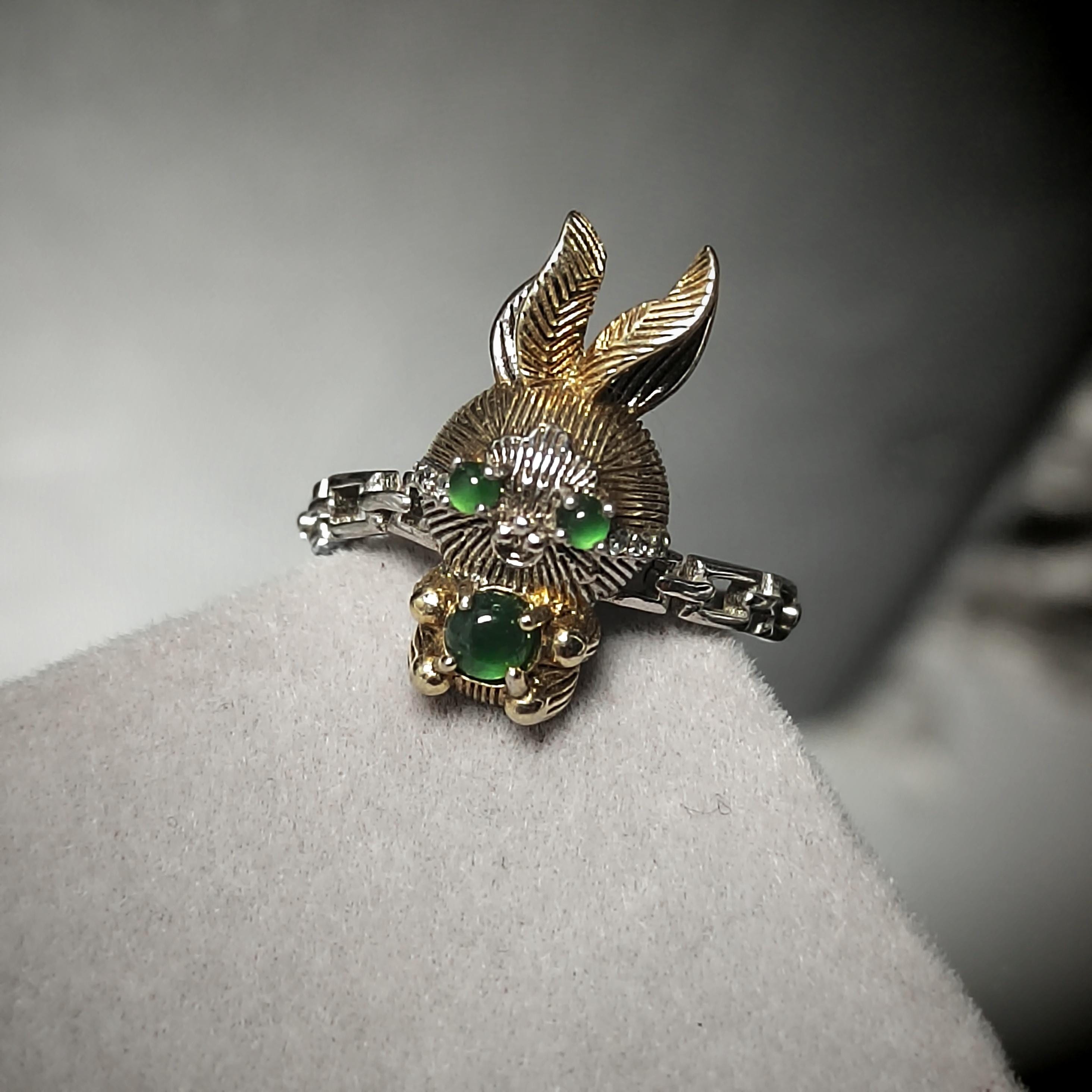Certified Natural Untreated Imperial Green Rabbits S925 Sterling Silver Jadeite Ring With Zircon Setting SL242X1 - SL Precious