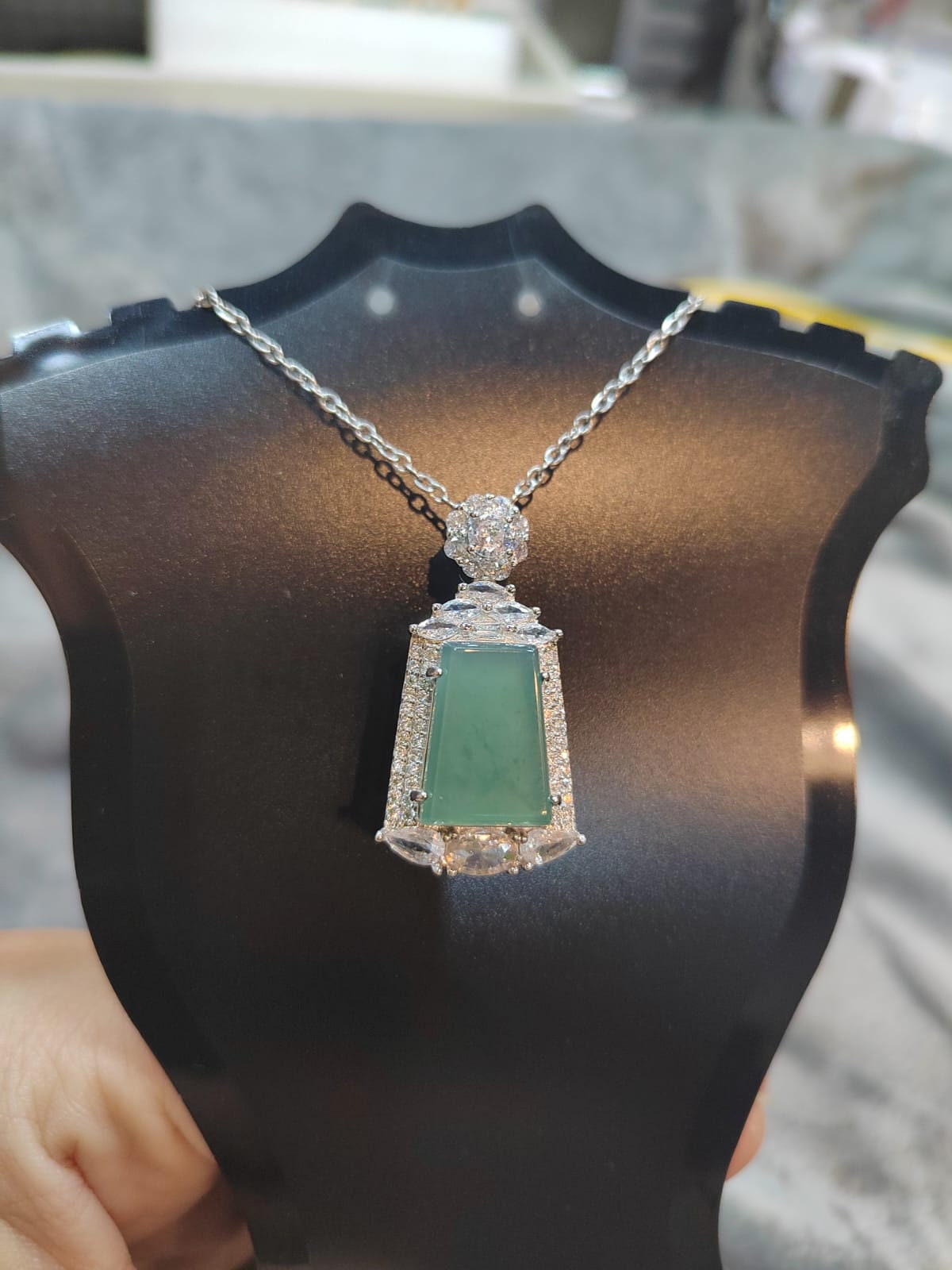 A-Grade Gemstone Elegant Guatemala Green Ocean Flat Cut Jade Pendant Necklace | Brass Plating & Zirconia | For Her SL8009