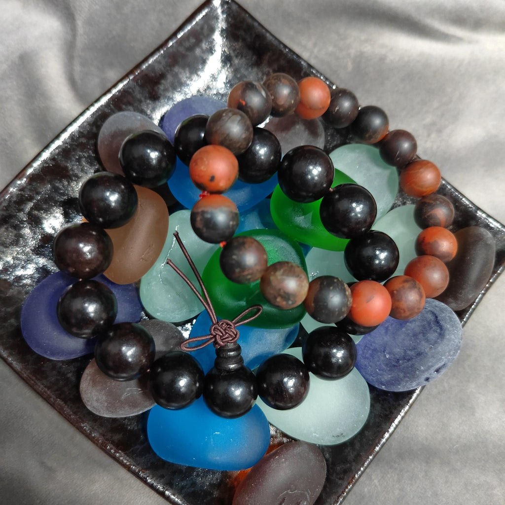 Ebony Wood Bead Bracelet Set with Certified Baoshan Nanhong Agate Matte 11.5mm | 2pcs Natural Bracelets 15mm & 11.5mm SL379