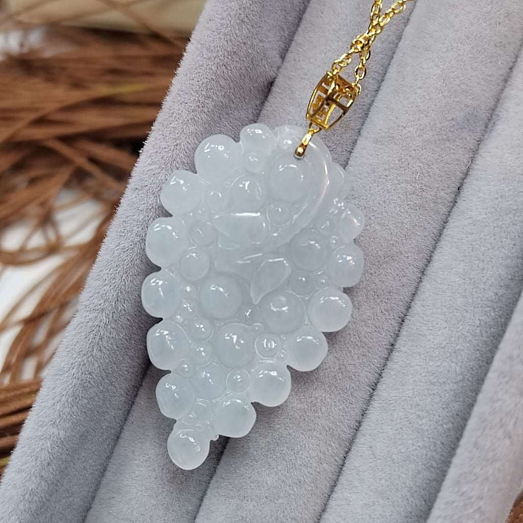 Certified Burmese Gemstone A-Grade White Icy Hand Carved Grape Shape Jadeite Pendant | 18k Solid Yellow Gold Buckle | Gifts For Her SL8020 - SL Precious