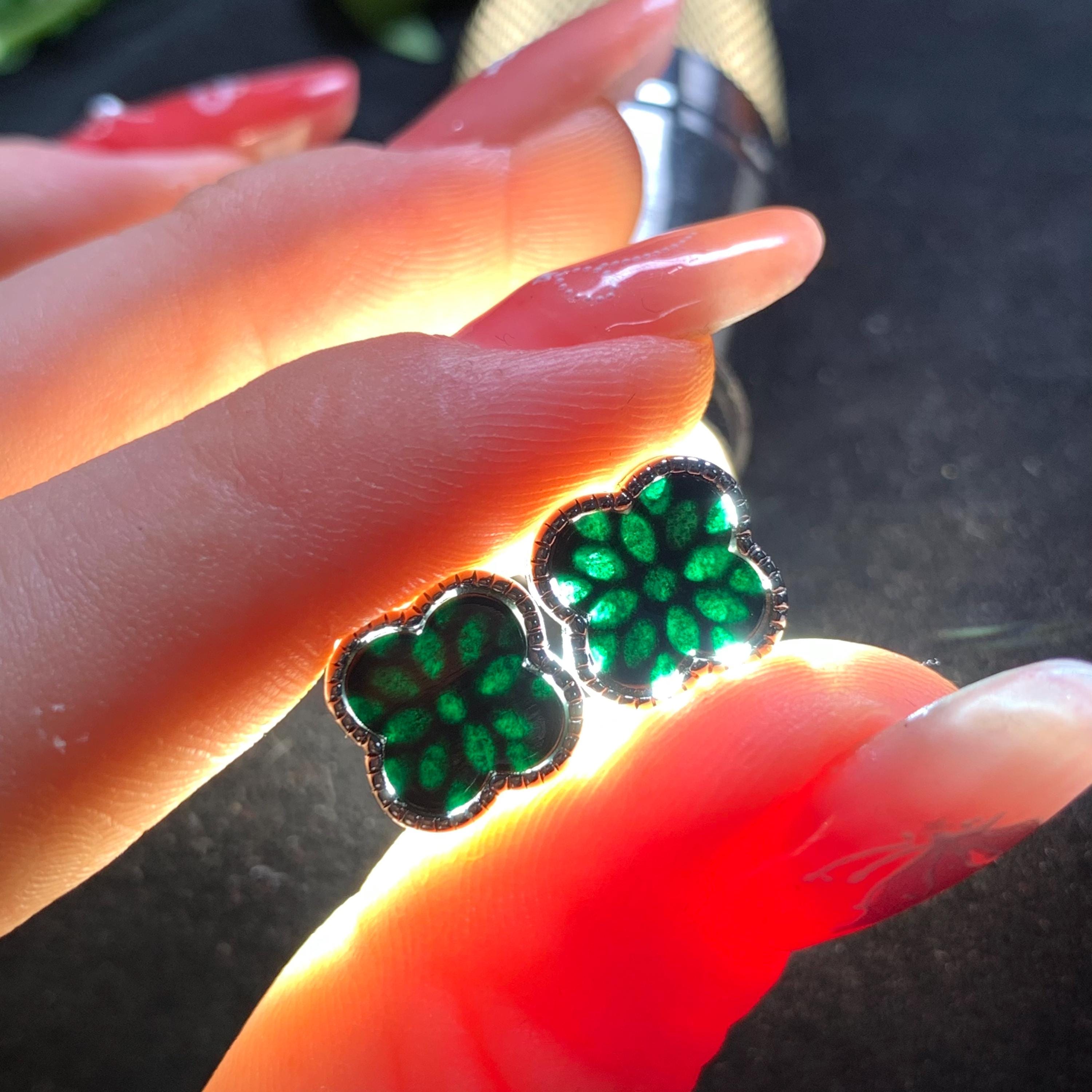 Certified A-Grade Minimalist Natural Untreated Burmese Black Ink Jadeite S925 Lucky Flower  Stud Earrings Jadeite SL257X16