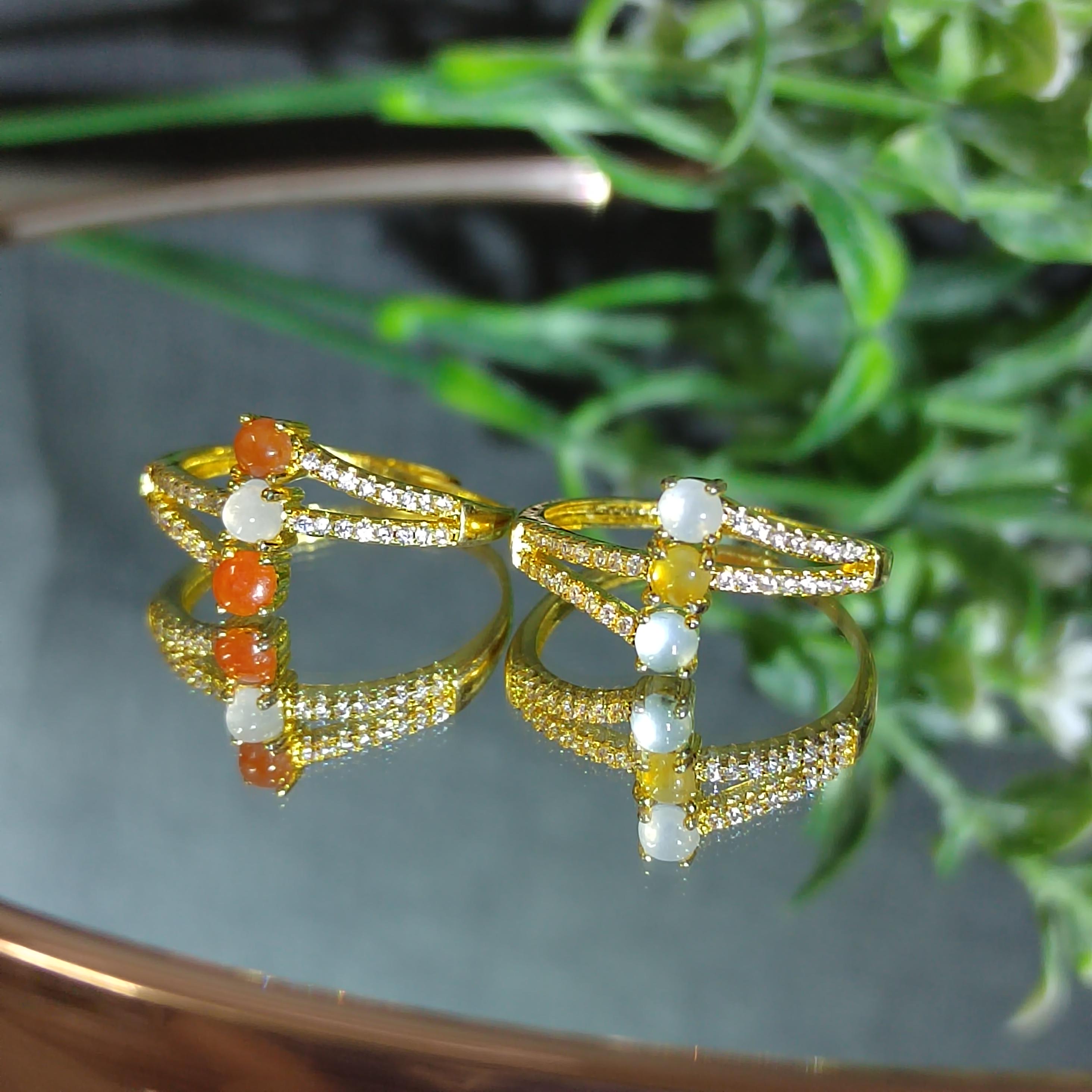 Burmese Natural Icy Jadeite Zircon Ring 18k Gold Plated S925 Minimalist Design For Her, 2 Design Red White & White Yellow SL140 SL141