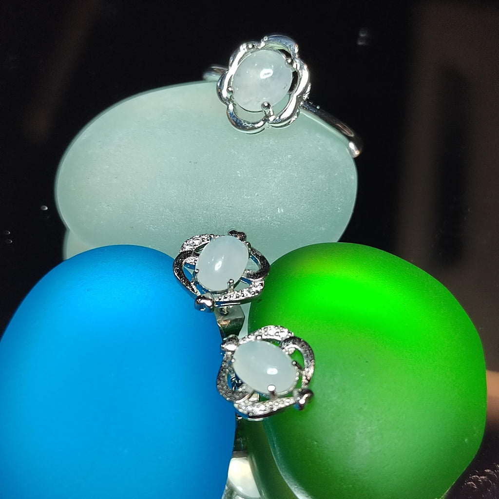 Minimalist Natural Burmese Icy White Jadeite Ring & Earrings | S925 Sterling Silver | Pure Type A Jade Set SL412 - SL Precious