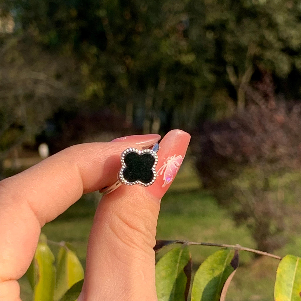 Certified Minimalist A-Grade Natural Untreated Burmese Black Ink Jadeite S925 Sterling Silver Lucky Flower Ring For Her SL255X14 - SL Precious