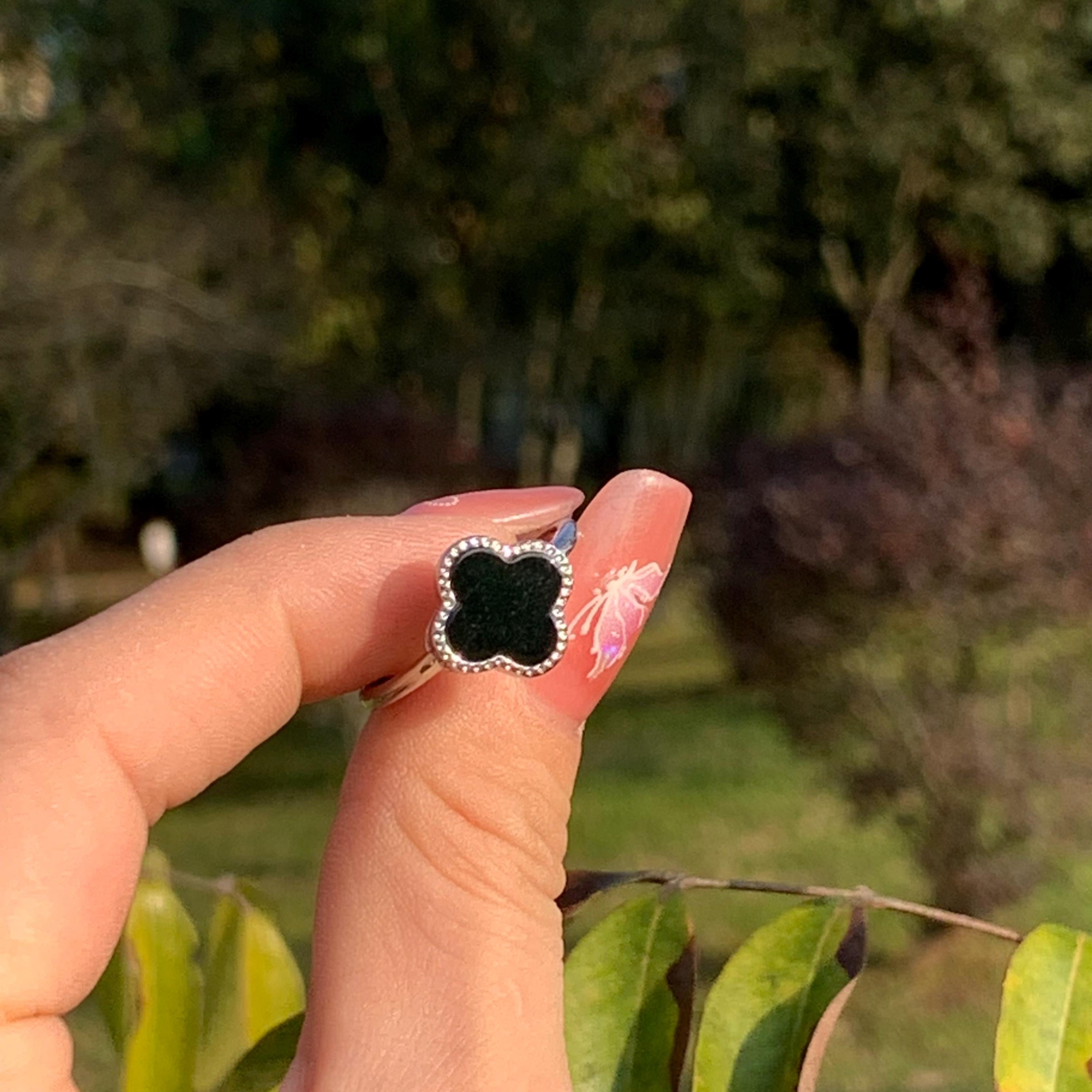 Certified Minimalist A-Grade Natural Untreated Burmese Black Ink Jadeite S925 Sterling Silver Lucky Flower Ring For Her SL255X14 - SL Precious