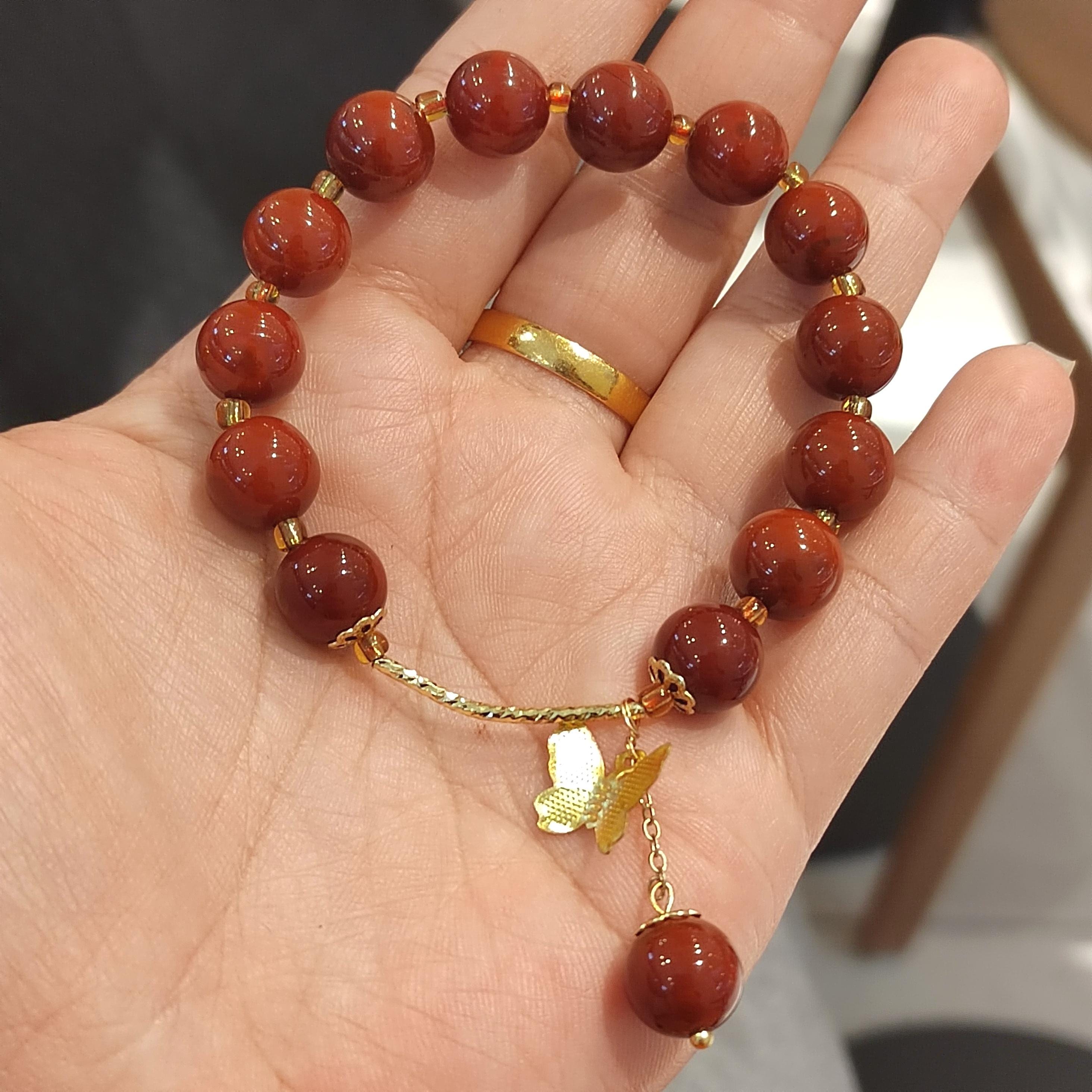 Elegant Certified Natural Ox Blood Southern Nanhong Agate 14k Plated Bead Bracelet - Gifts for Her SL324