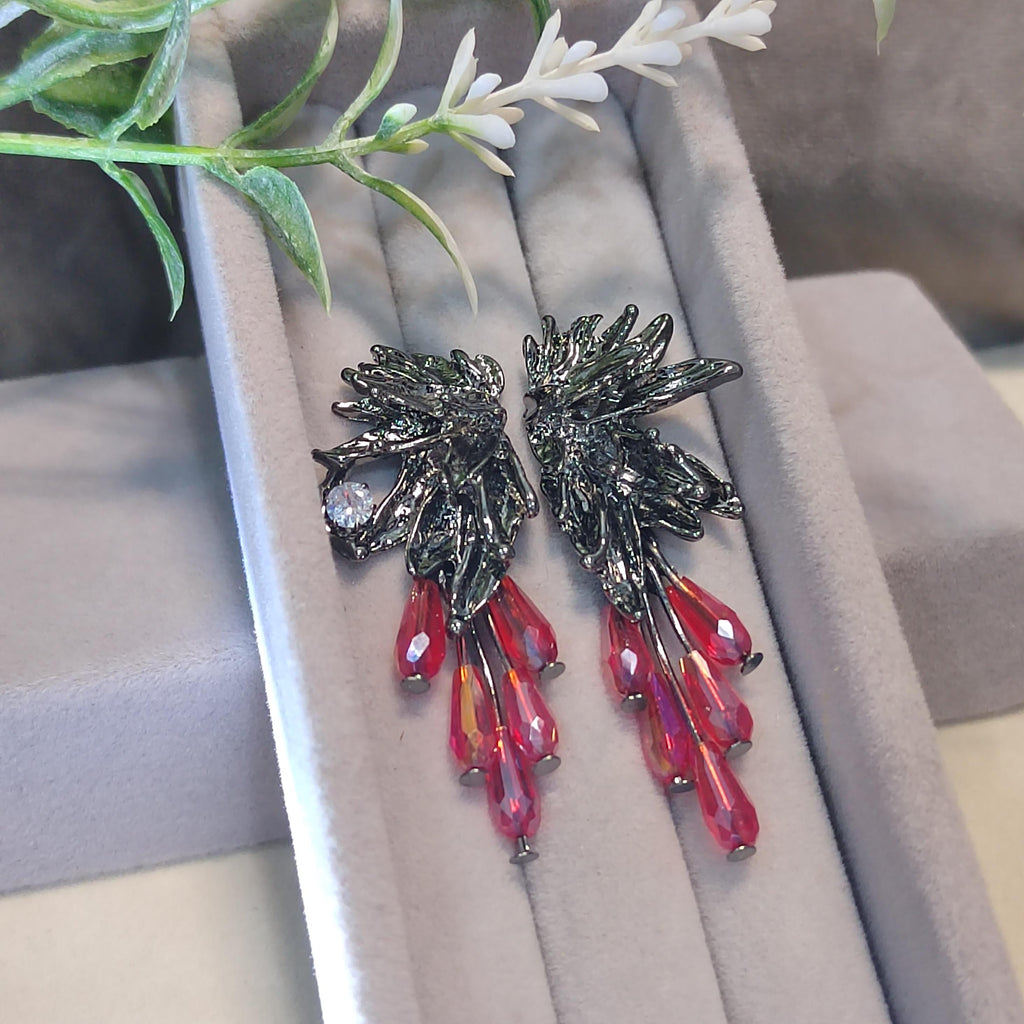 Super Trendy Designs Earrings | Black Silver Plated Zircon Red Glass Bead | Party, Anniversary, Wedding, Casual | For Her SL156 - SL Precious