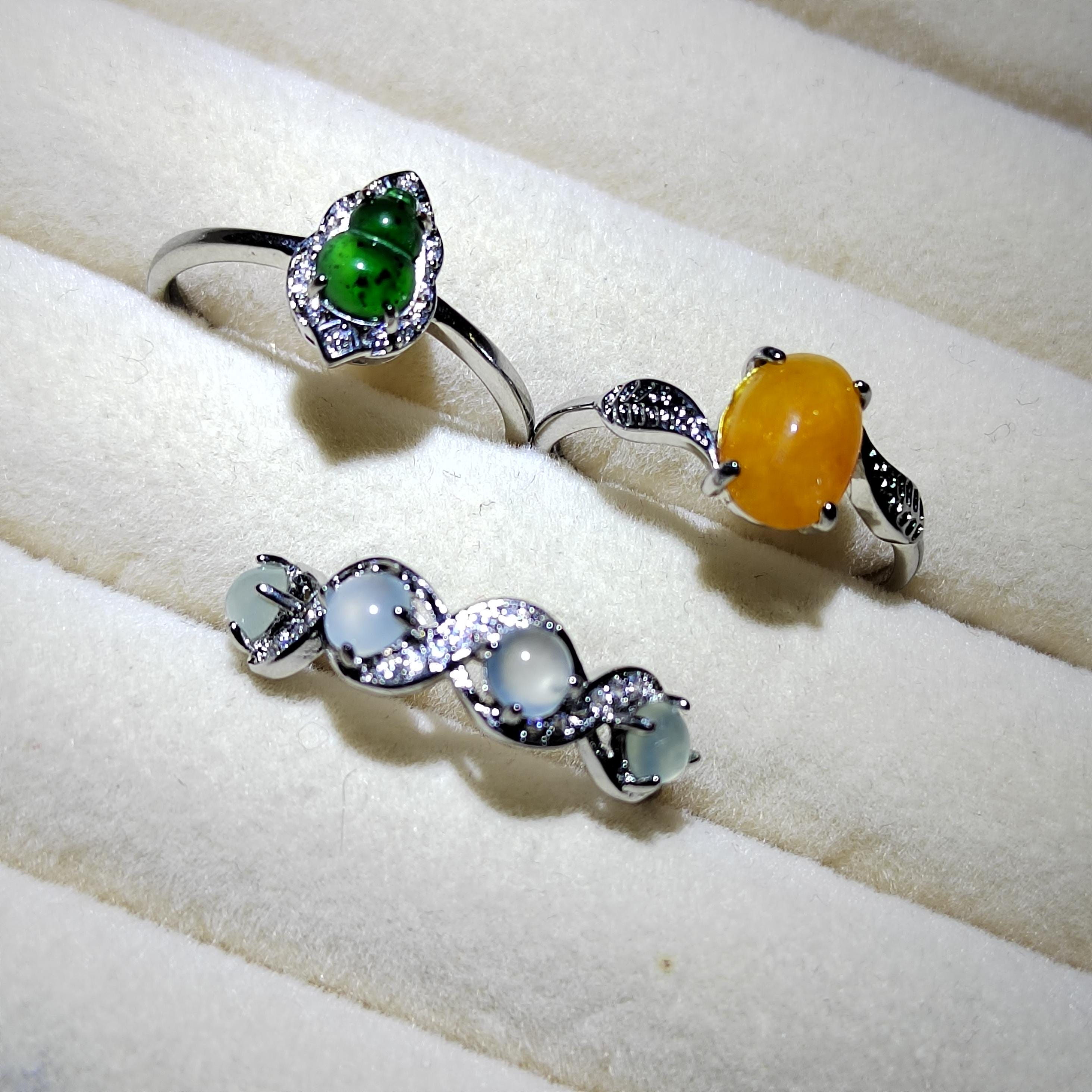 3pcs Natural Untreated Burmese Jadeite Ring Set | Imperial Green, Honey Yellow, Icy White | S925 Silver | No Cert | SL406