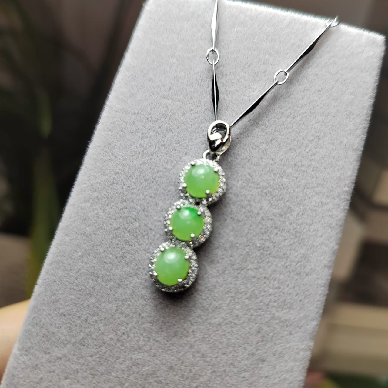 Burmese Jadeite Pendant on 925 Silver Chain - Glowing Trinity Design with Zirconia Accent SL038